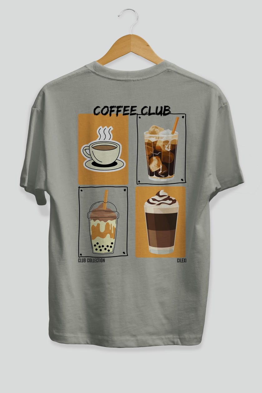 Coffee Club Arka Baskılı Oversize t-shirt Erkek Kadın %100 Pamuk Bisiklet Yaka tişort