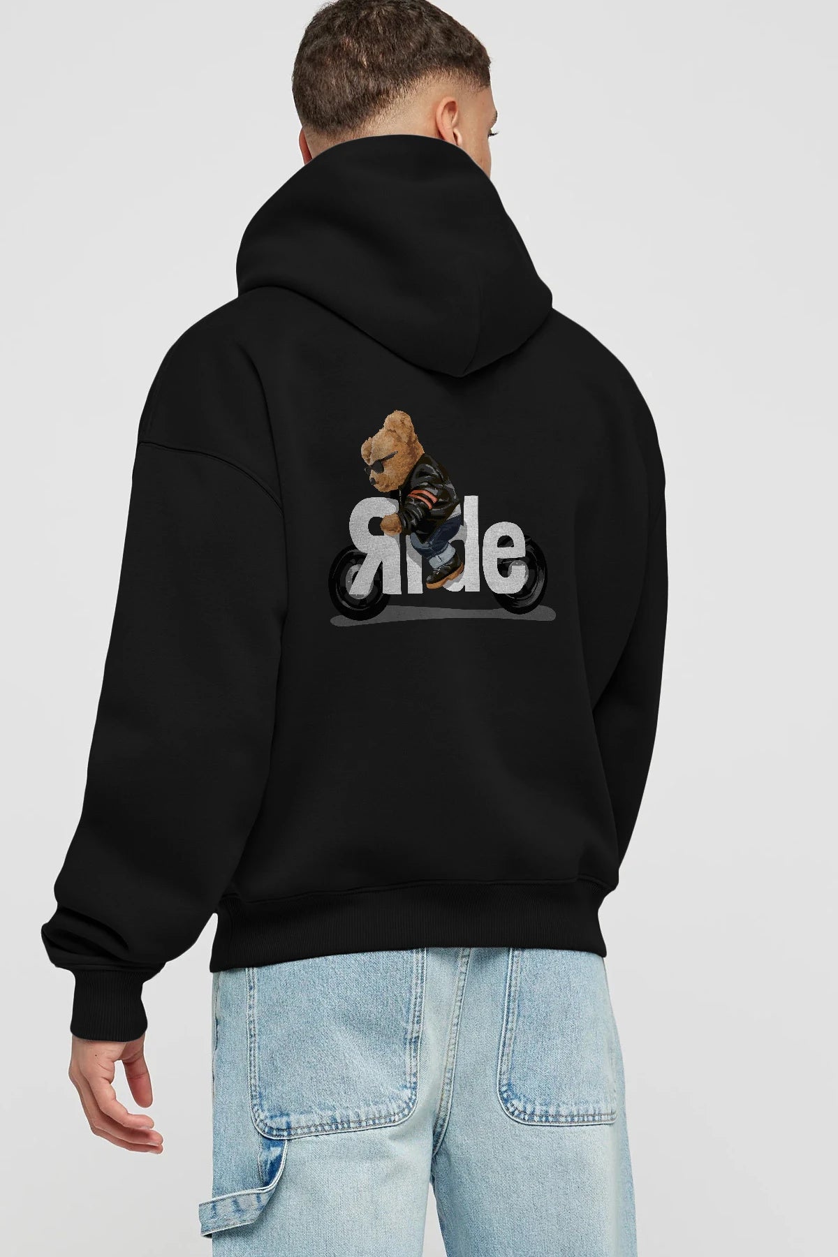 Teddy Bear Ride Arka Baskılı Hoodie Oversize Kapüşonlu Sweatshirt Erkek Kadın Unisex