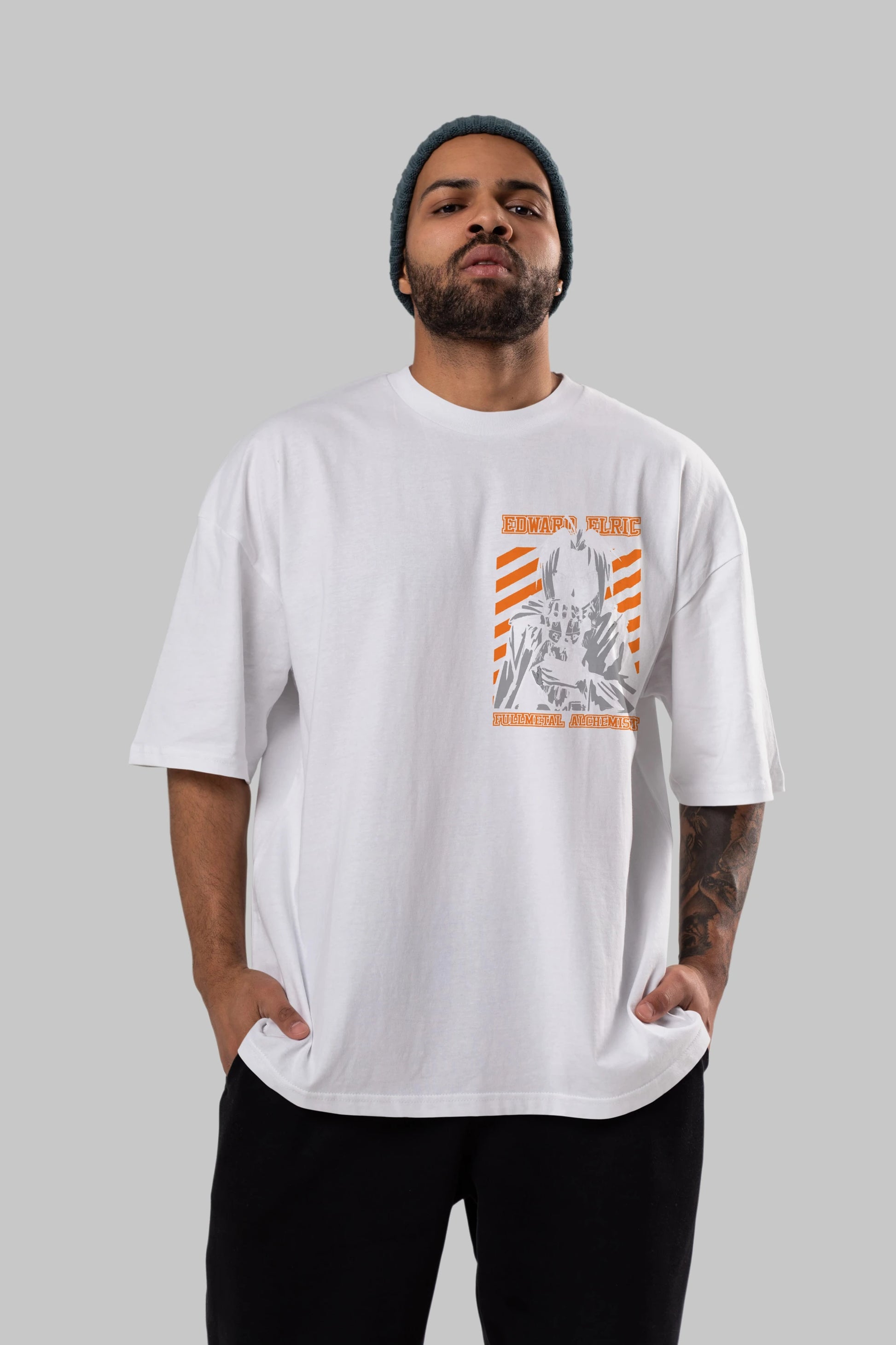 EDWARD ELRIC Ön Sol Baskılı Oversize t-shirt Erkek Kadın Unisex %100 Pamuk Bisiklet Yaka tişort