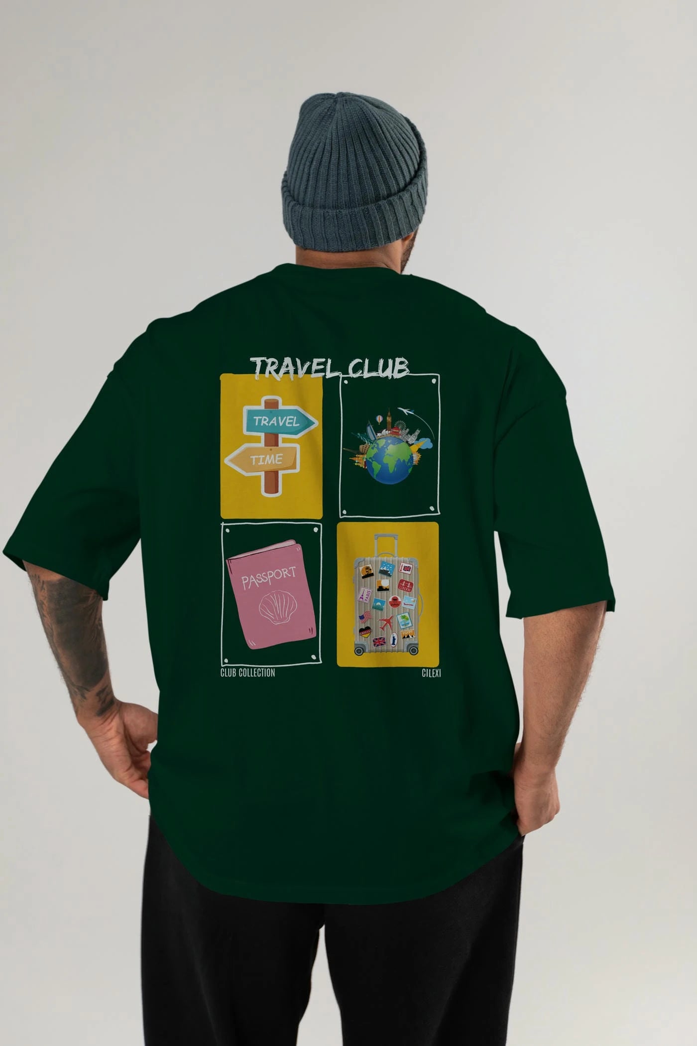 Travel Club Arka Baskılı Oversize t-shirt Erkek Kadın %100 Pamuk Bisiklet Yaka tişort