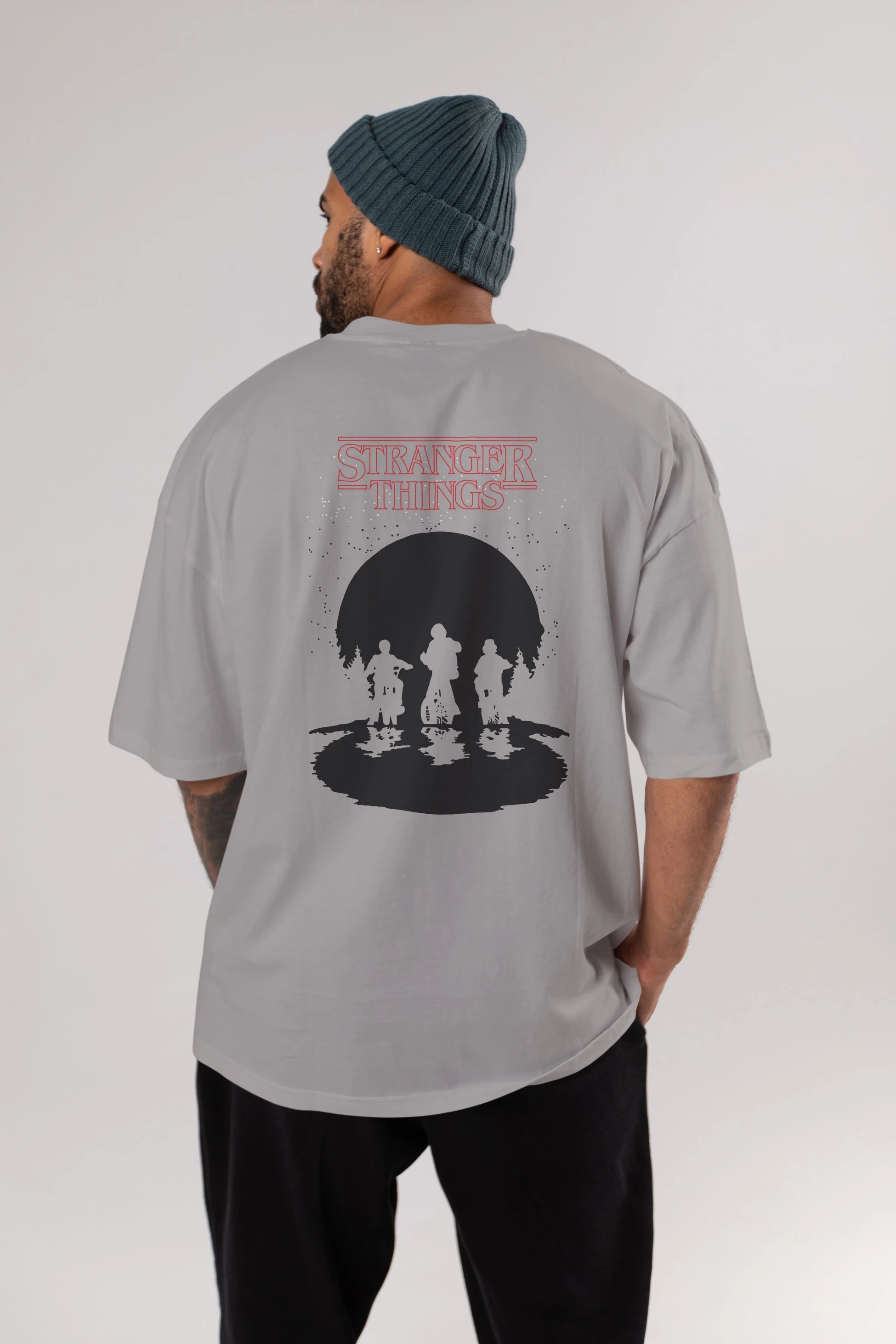 Stranger Things Arka Baskılı Oversize t-shirt Erkek Kadın Unisex %100 Pamuk Bisiklet Yaka tişort