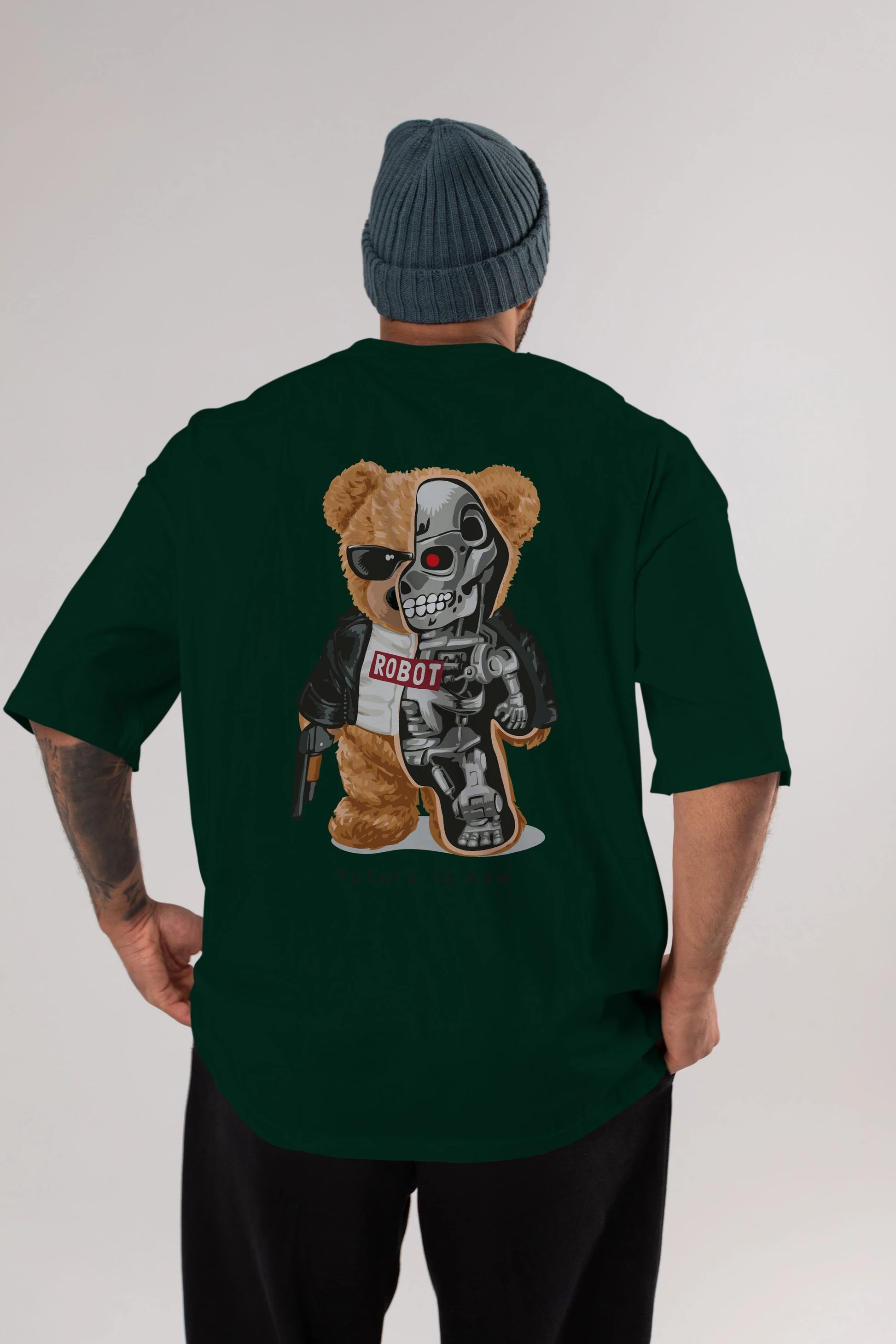 Teddy Bear Robot Arka Baskılı Oversize t-shirt Erkek Kadın Unisex %100 Pamuk