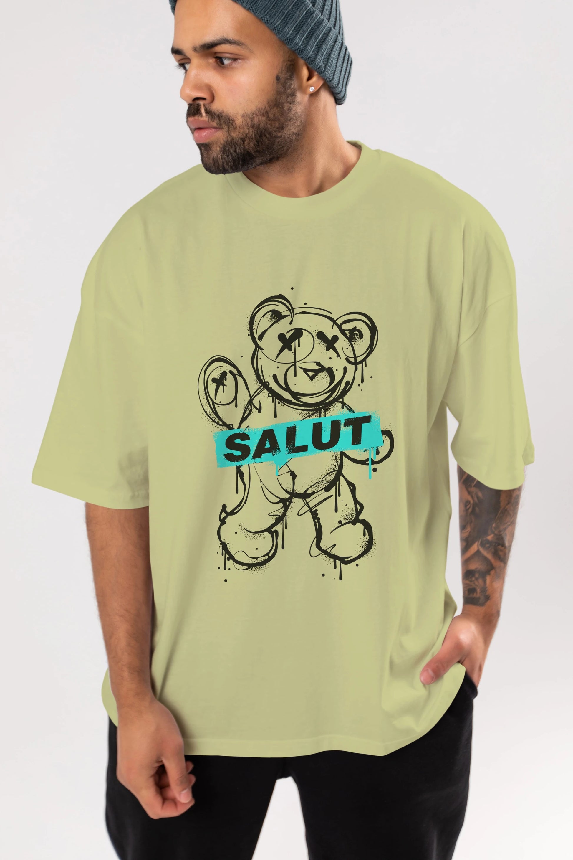 Teddy Bear Salut Ön Baskılı Oversize t-shirt Erkek Kadın Unisex