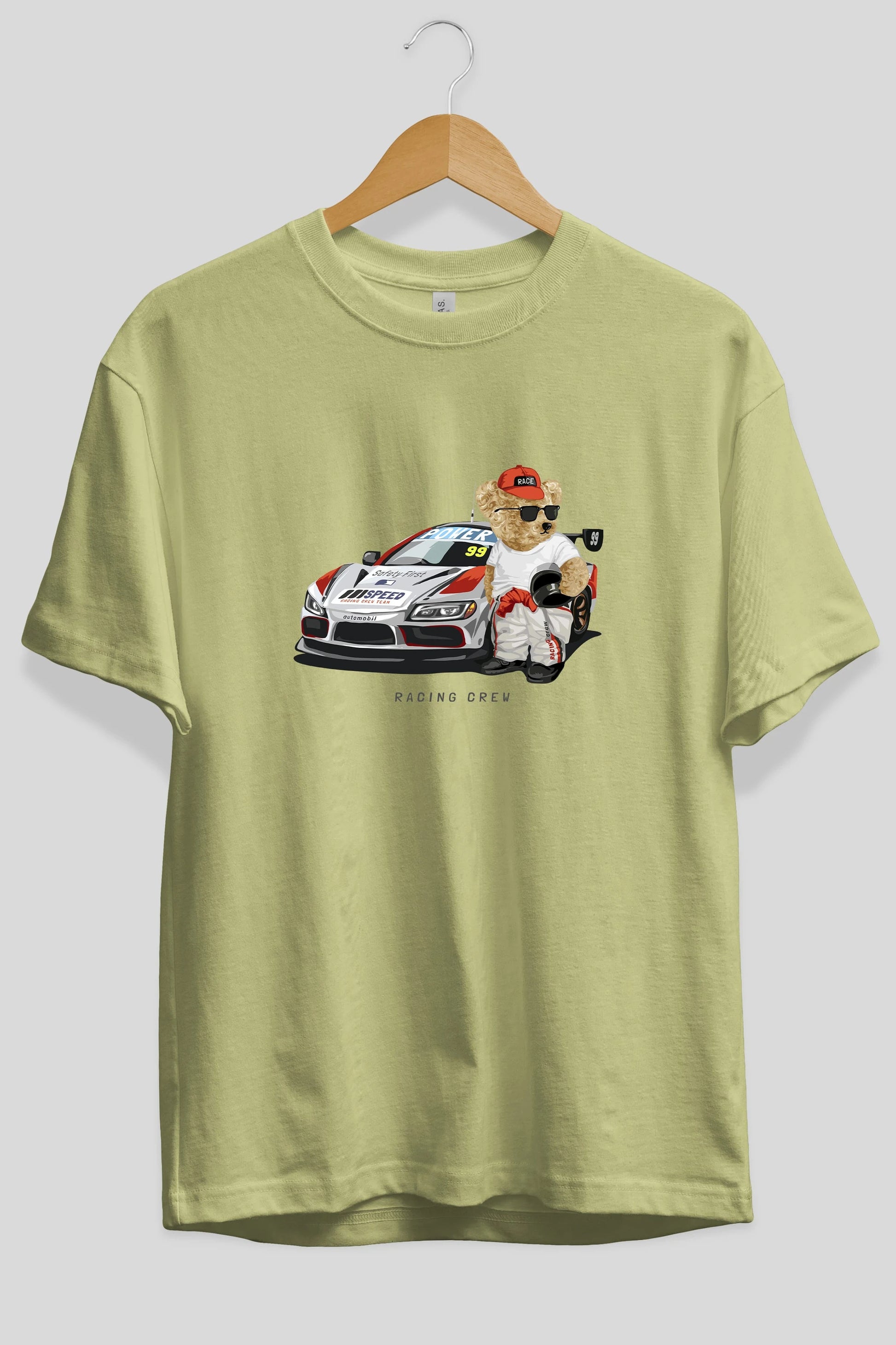 Teddy Bear Racing Crew Ön Baskılı Oversize t-shirt Erkek Kadın Unisex %100 Pamuk