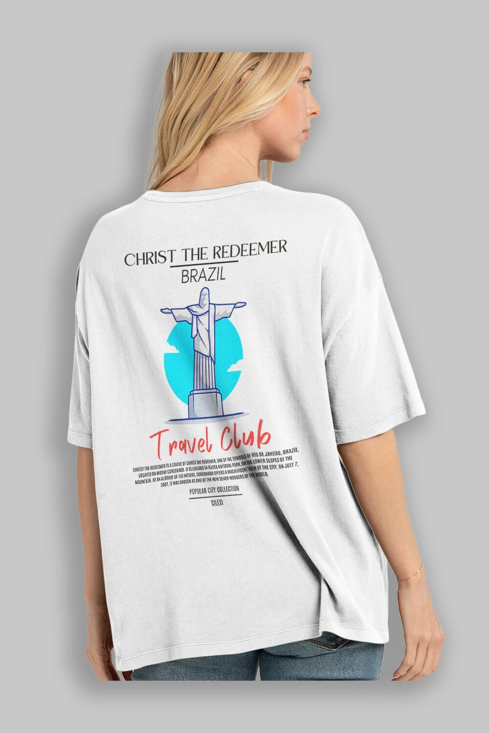 Christ The Redeemer Brazil Arka Baskılı Oversize t-shirt Erkek Kadın Pamuk Bisiklet Yaka tişort