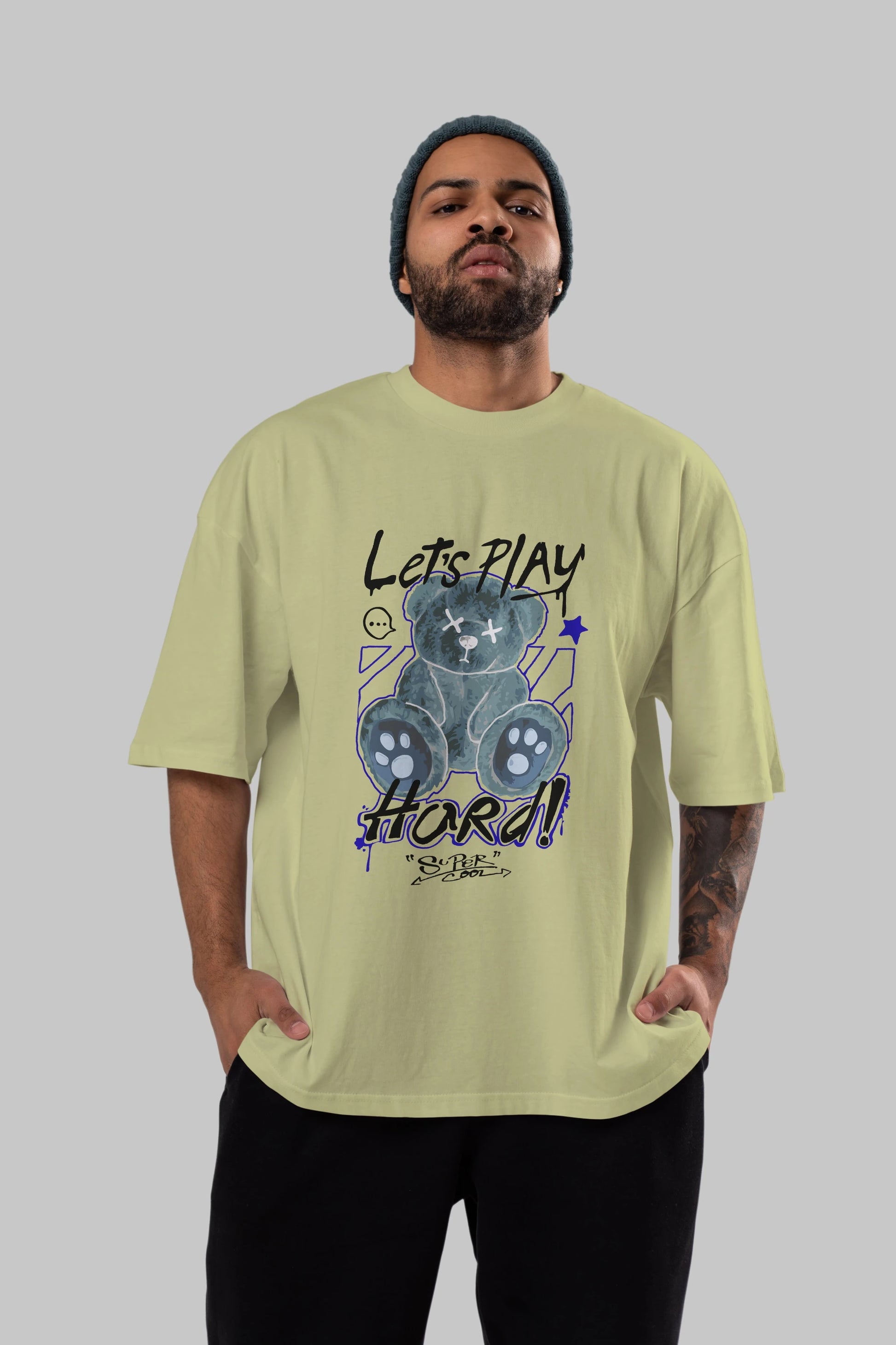 Lets Play Hard Bear Ön Baskılı Oversize t-shirt Erkek Kadın Unisex