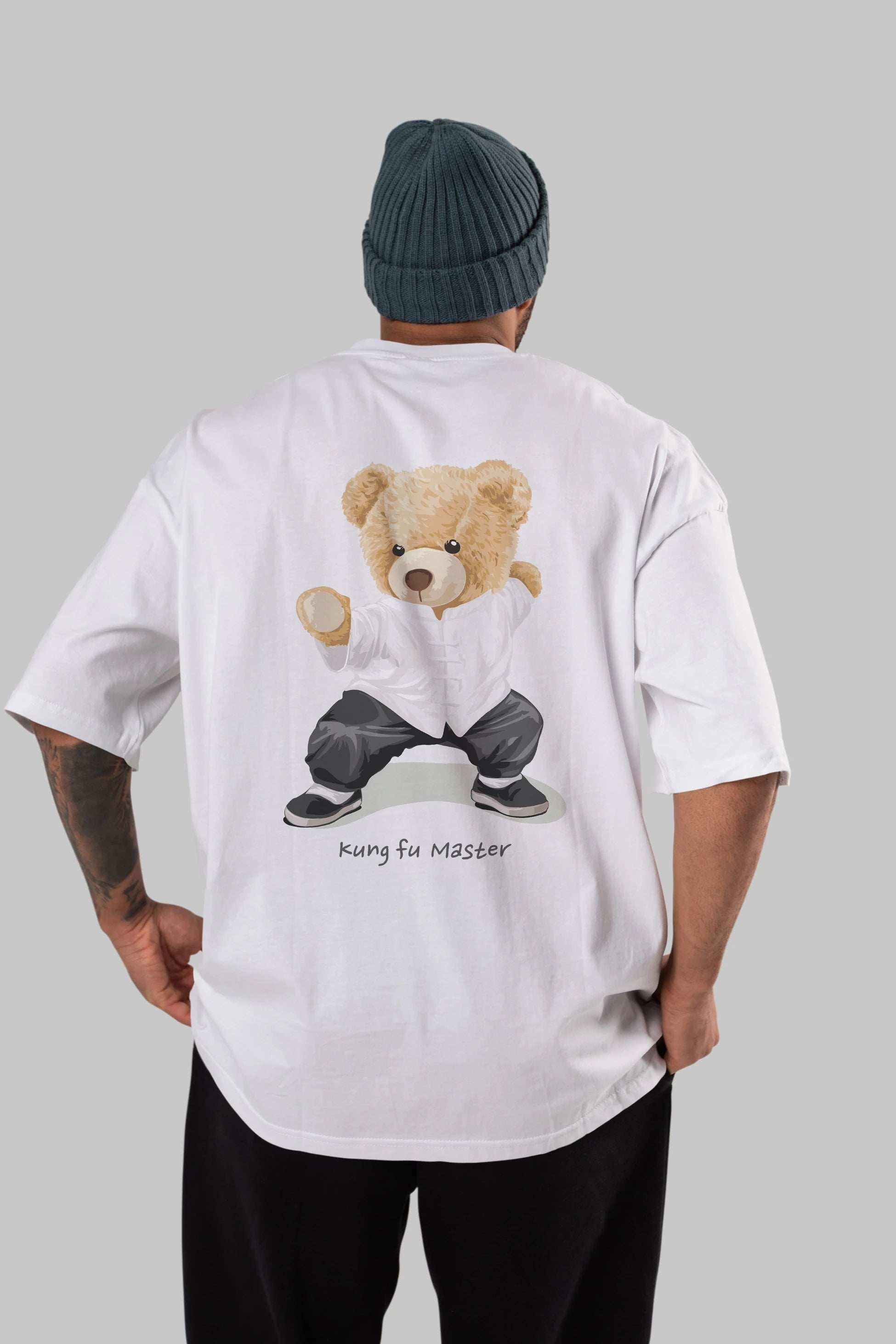 Teddy Bear Kung Fu Master Arka Baskılı Oversize t-shirt Erkek Kadın Unisex %100 Pamuk