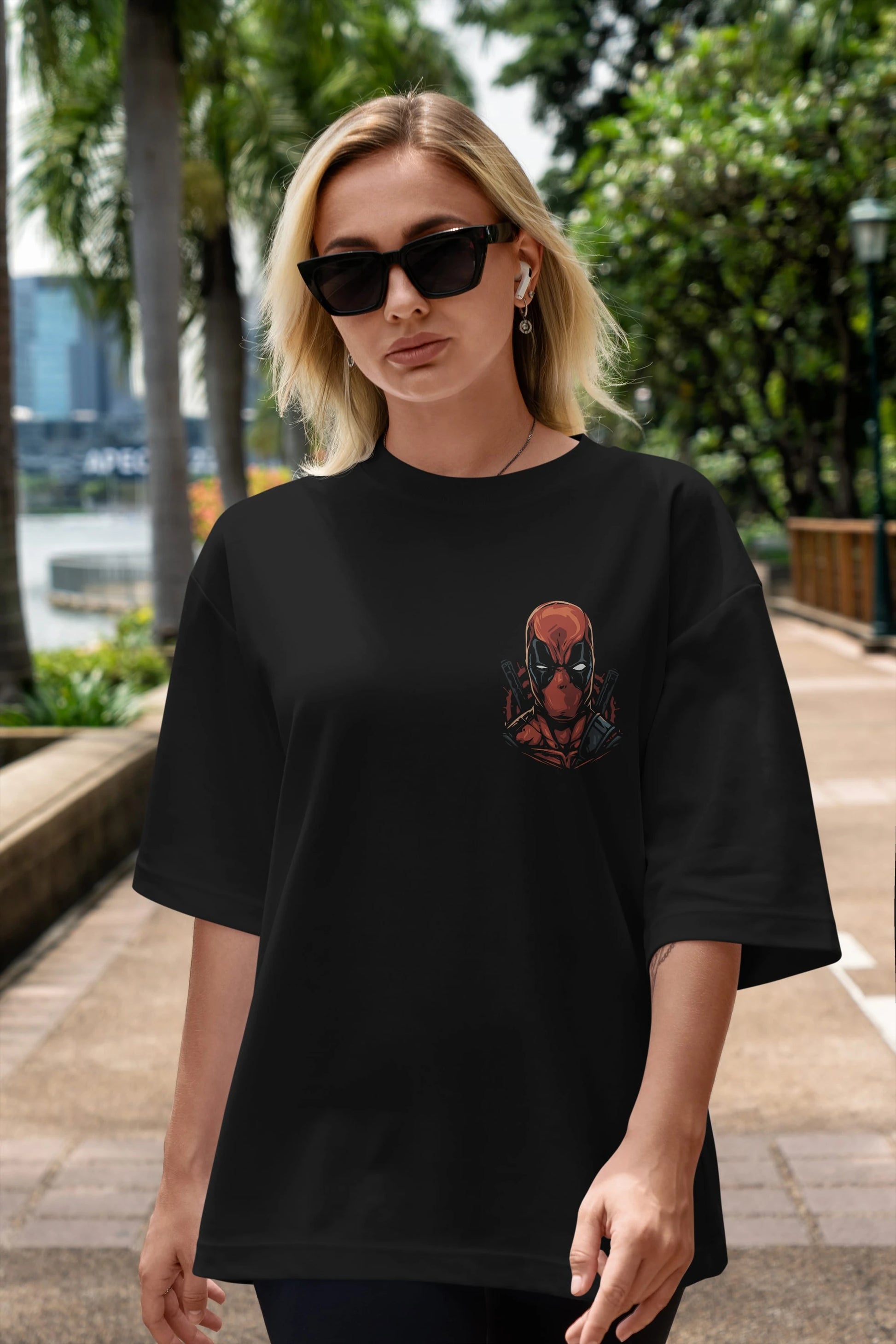 Deadpool (10) Ön Sol Baskılı Oversize t-shirt Erkek Kadın Unisex %100 Pamuk Bisiklet Yaka tişort