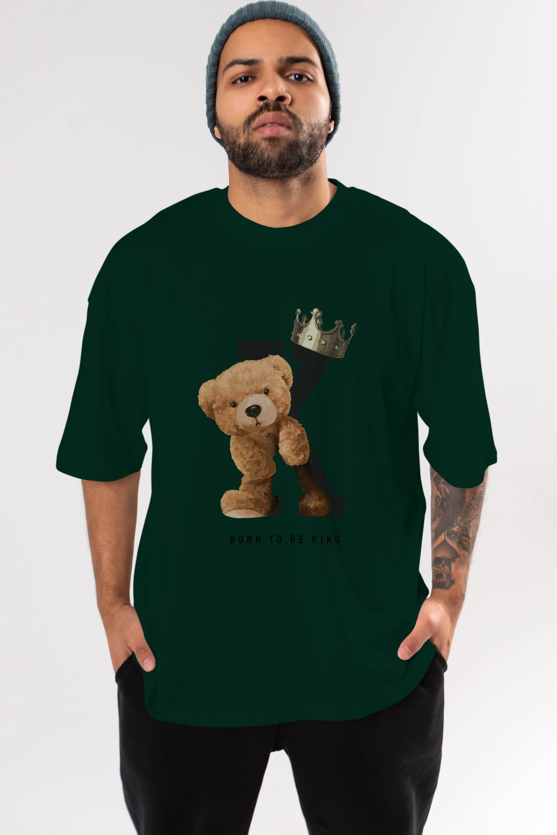 Teddy Bear Born To Be King Ön Baskılı Oversize t-shirt Erkek Kadın Unisex %100 Pamuk