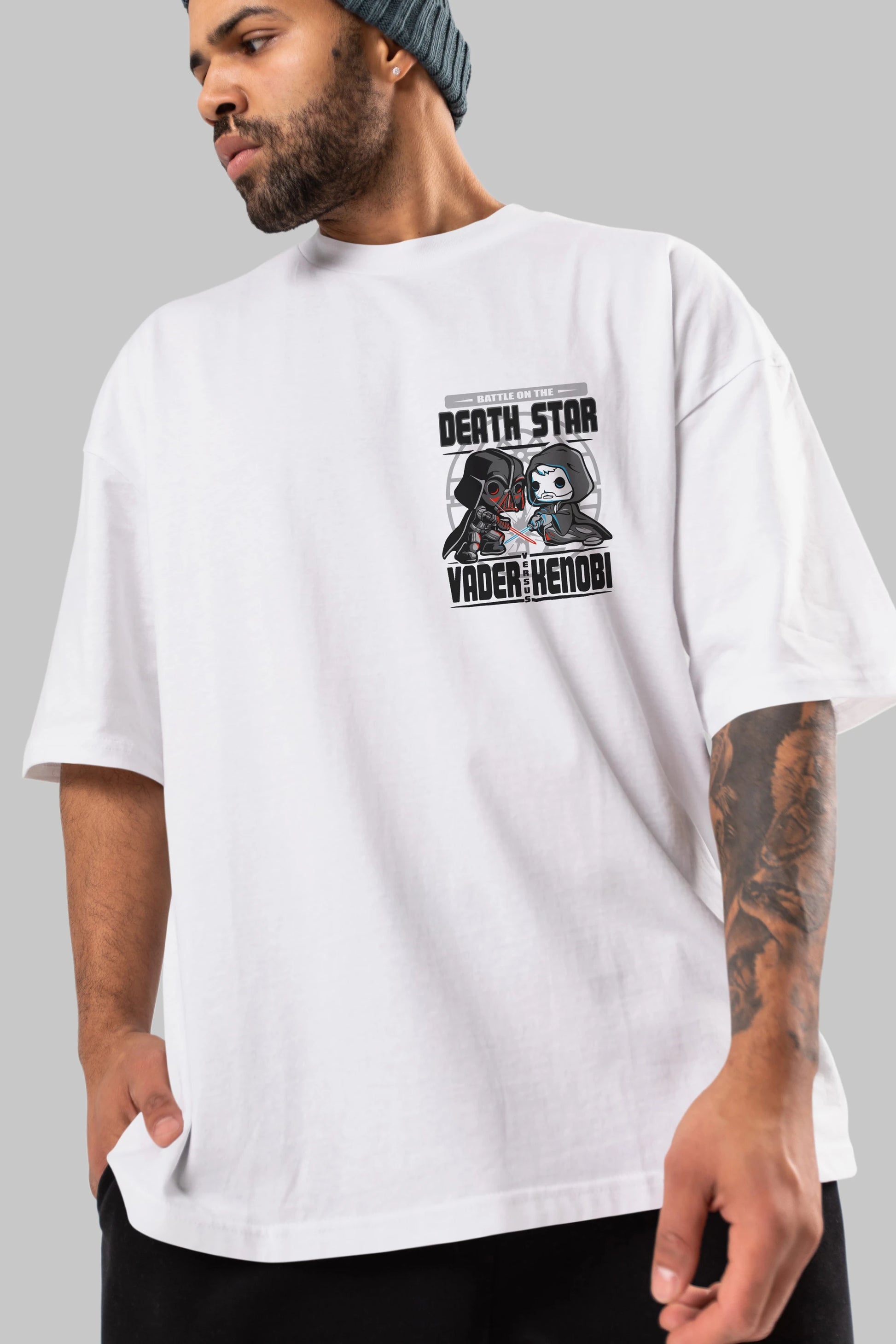 Vader Kenobi Ön Sol Baskılı Oversize t-shirt Erkek Kadın Unisex %100 Pamuk Bisiklet Yaka tişort