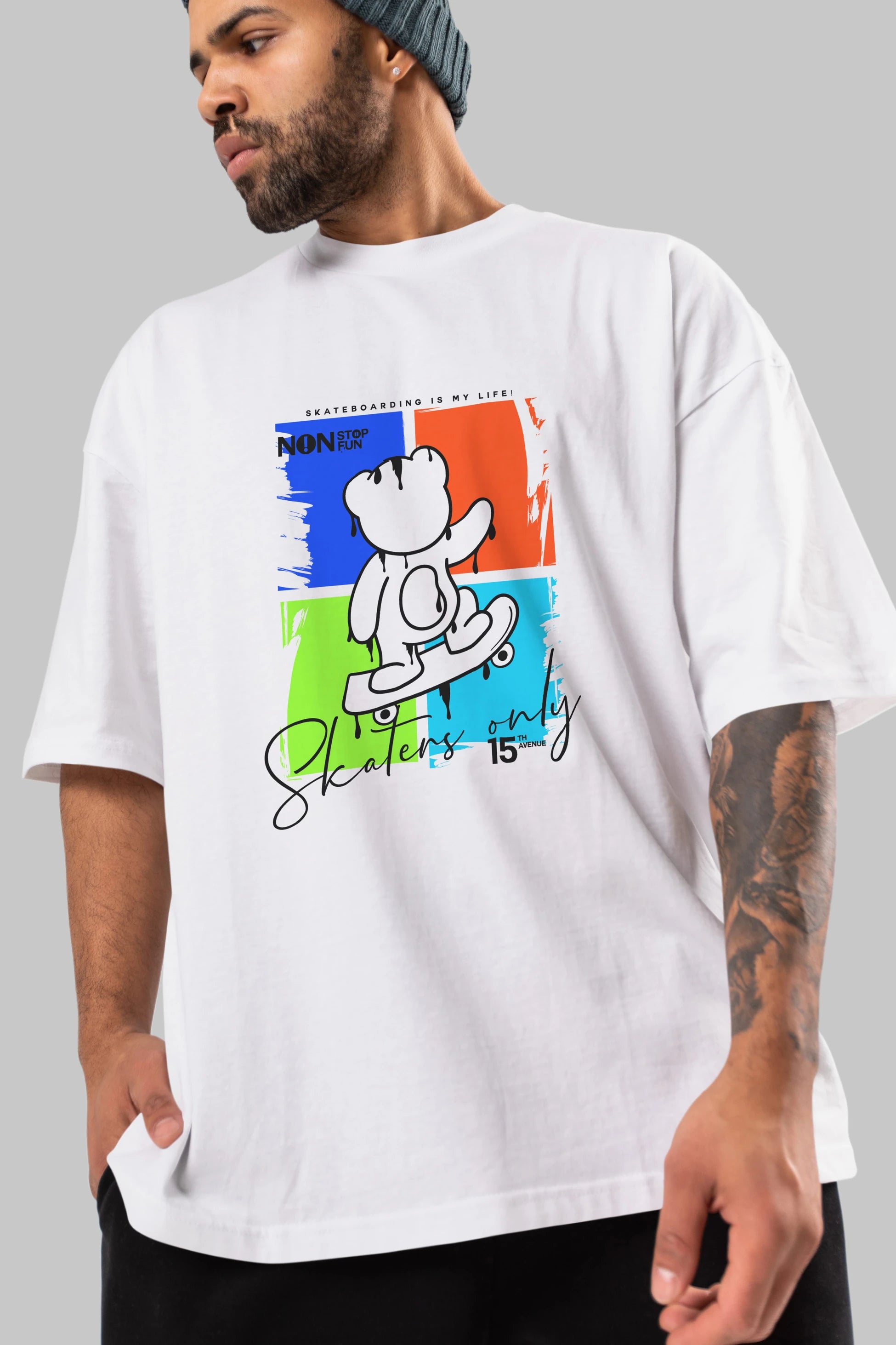 Skaters Only Bear Ön Baskılı Oversize t-shirt Erkek Kadın Unisex