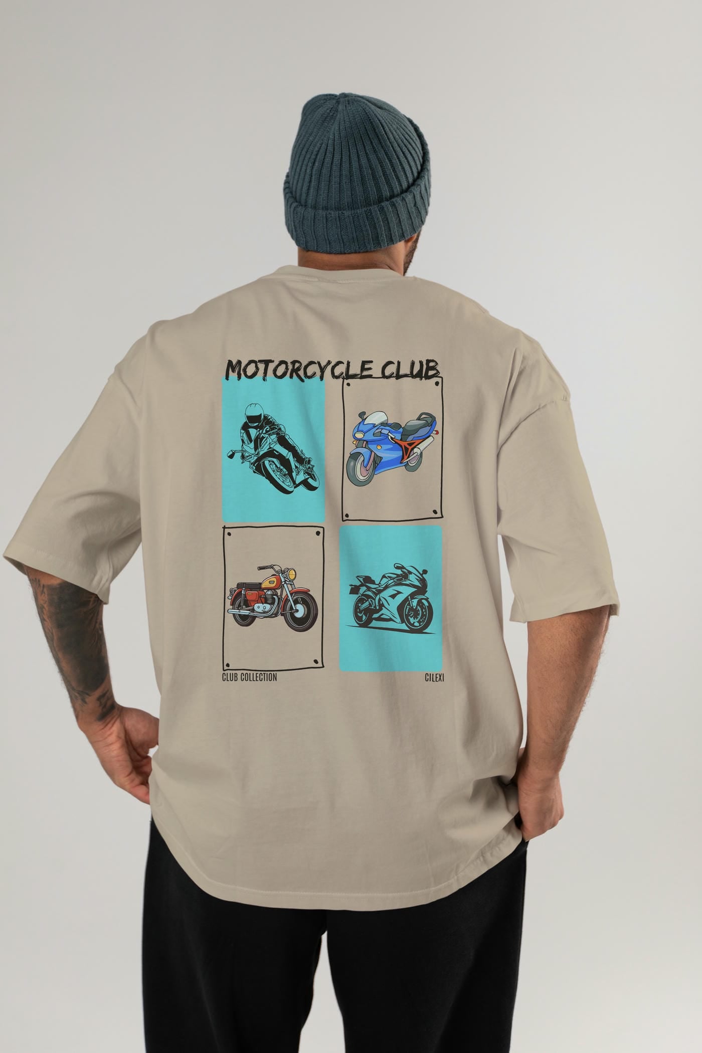 Motorcycle Club Arka Baskılı Oversize t-shirt Erkek Kadın %100 Pamuk Bisiklet Yaka tişort