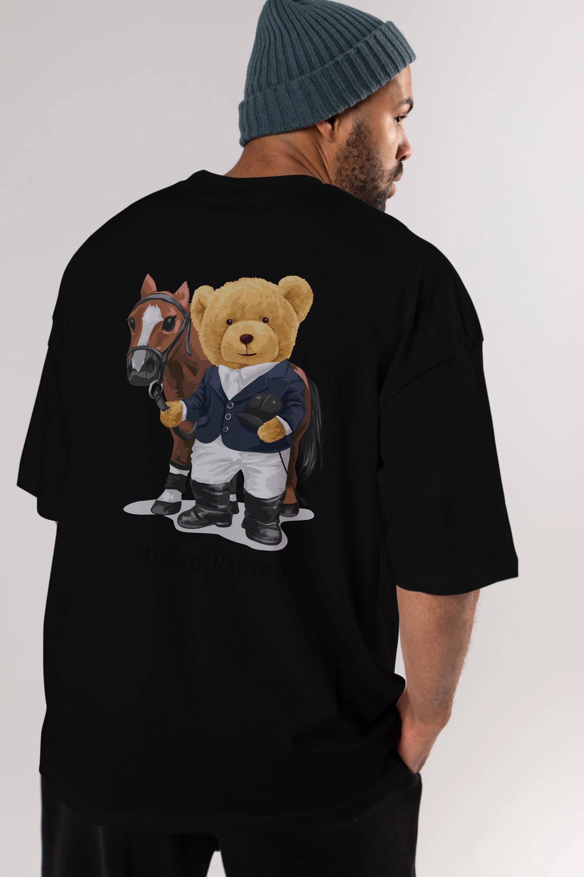 Teddy Bear Horse Riding Arka Baskılı Oversize t-shirt Erkek Kadın Unisex %100 Pamuk