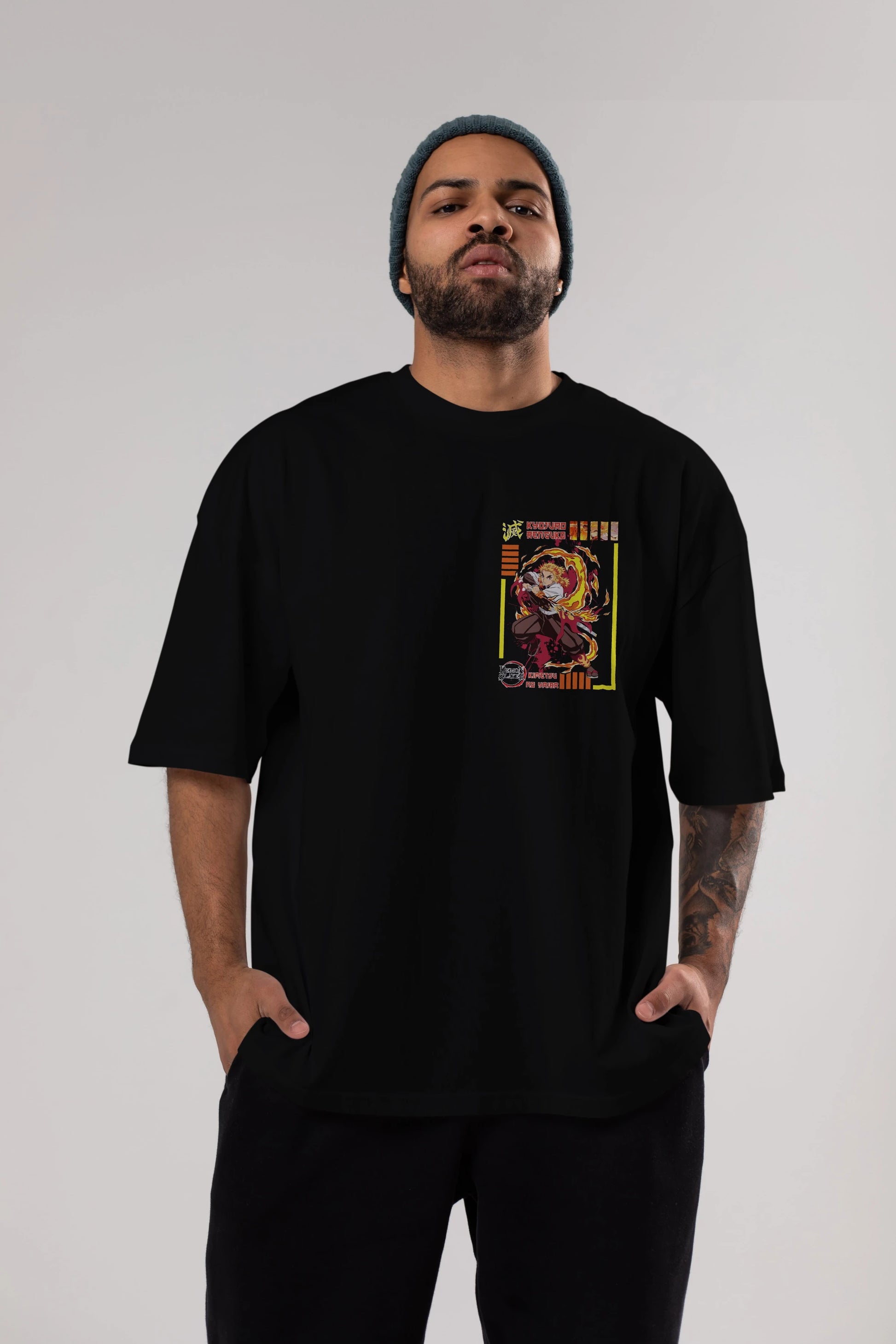 KYOJURO RENGOKU Ön Sol Baskılı Oversize t-shirt Erkek Kadın Unisex %100 Pamuk Bisiklet Yaka tişort