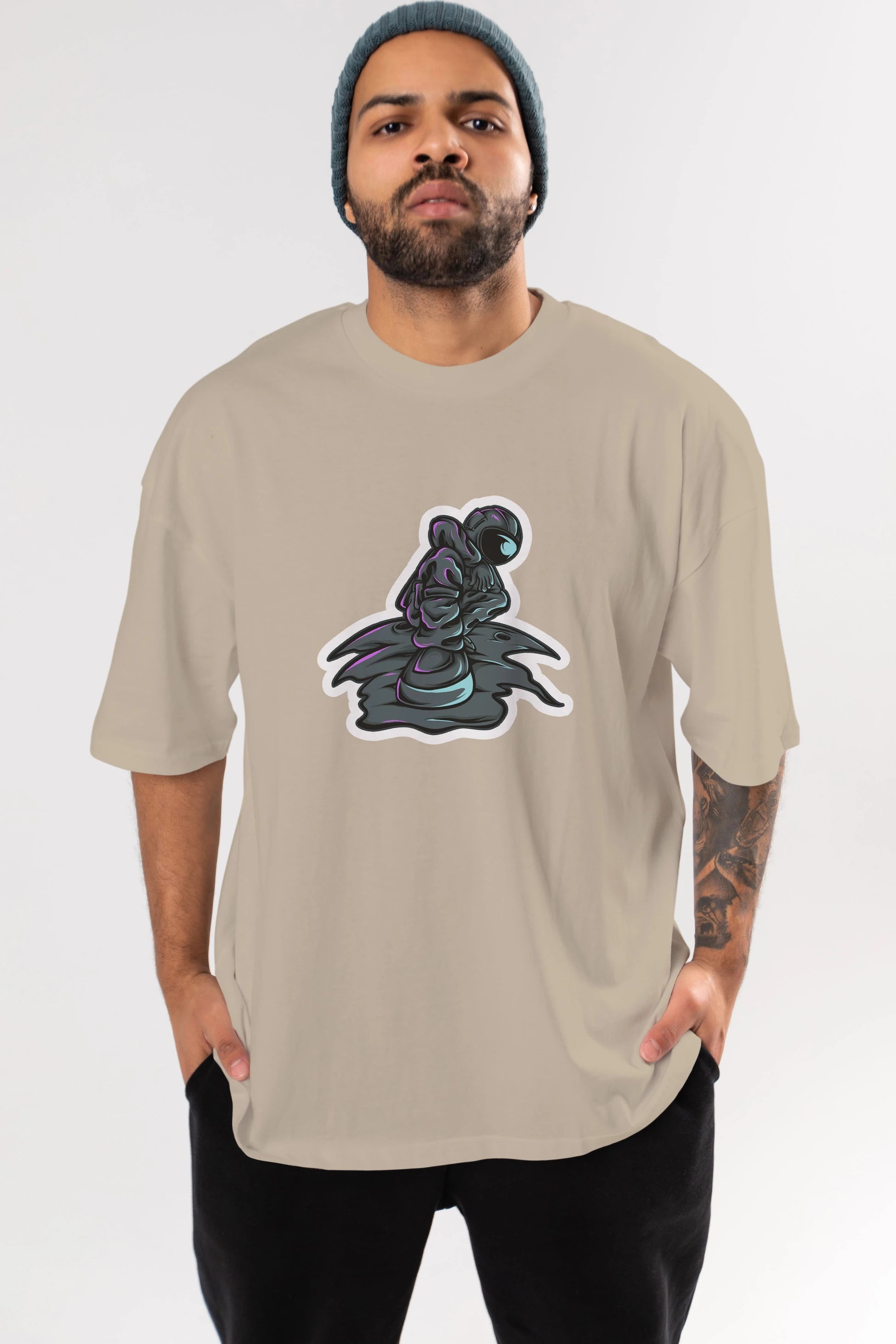 Stylish Astronaut Sticker Ön Baskılı Oversize t-shirt Erkek Kadın Unisex