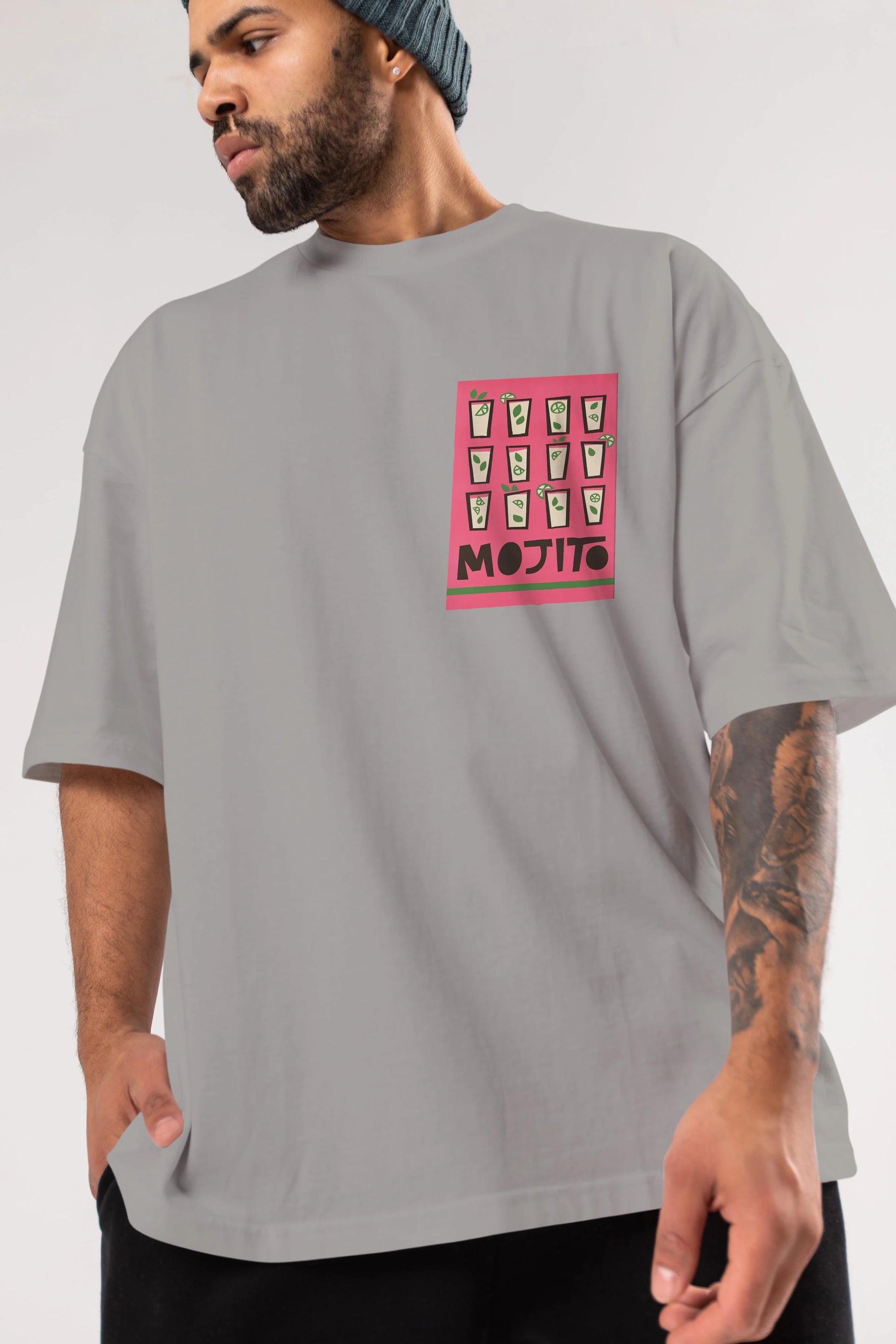 Mojito Ön Sol Baskılı Oversize t-shirt Erkek Kadın Unisex %100 Pamuk Bisiklet Yaka tişort