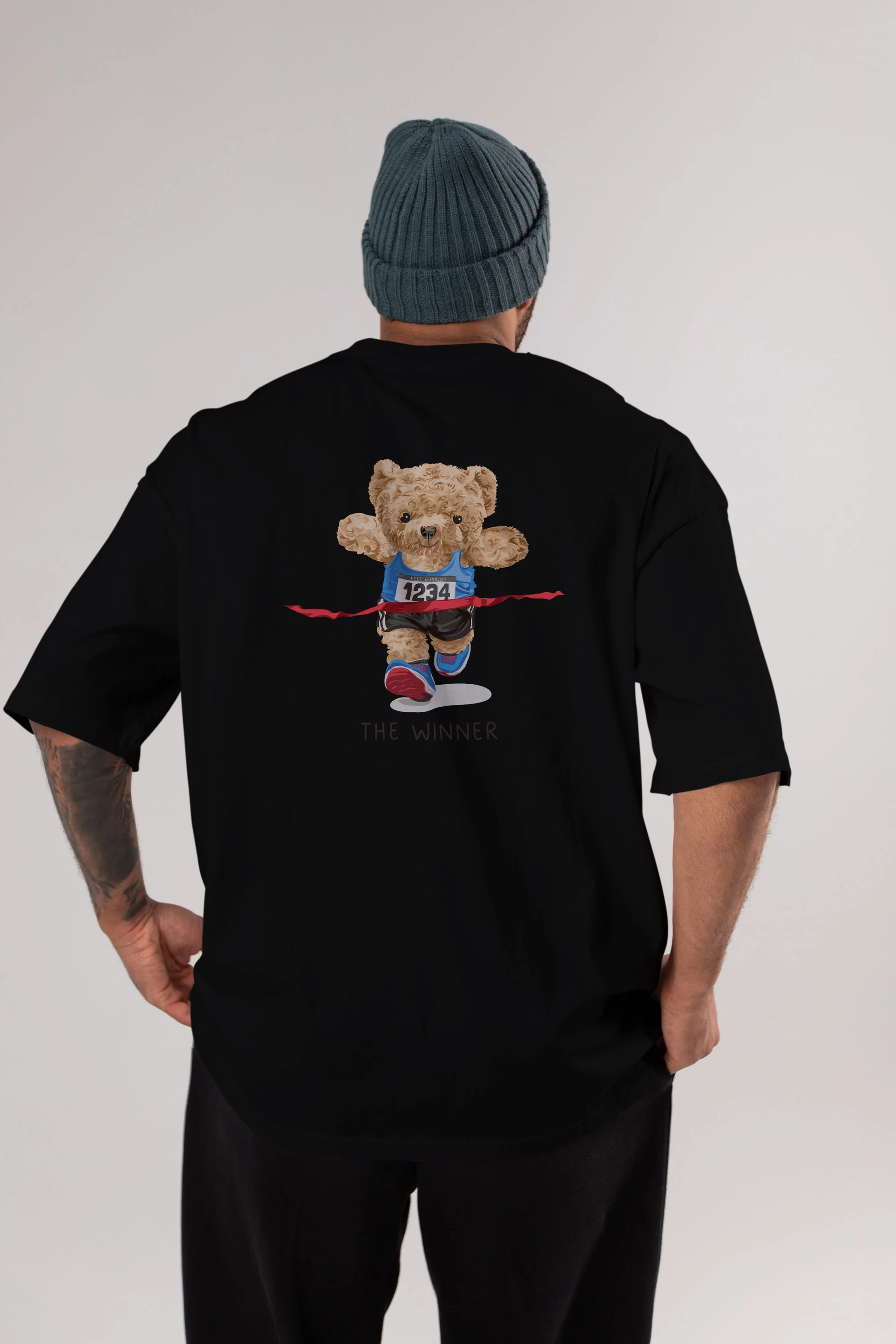 Teddy Bear The Winner Arka Baskılı Oversize t-shirt Erkek Kadın Unisex %100 Pamuk
