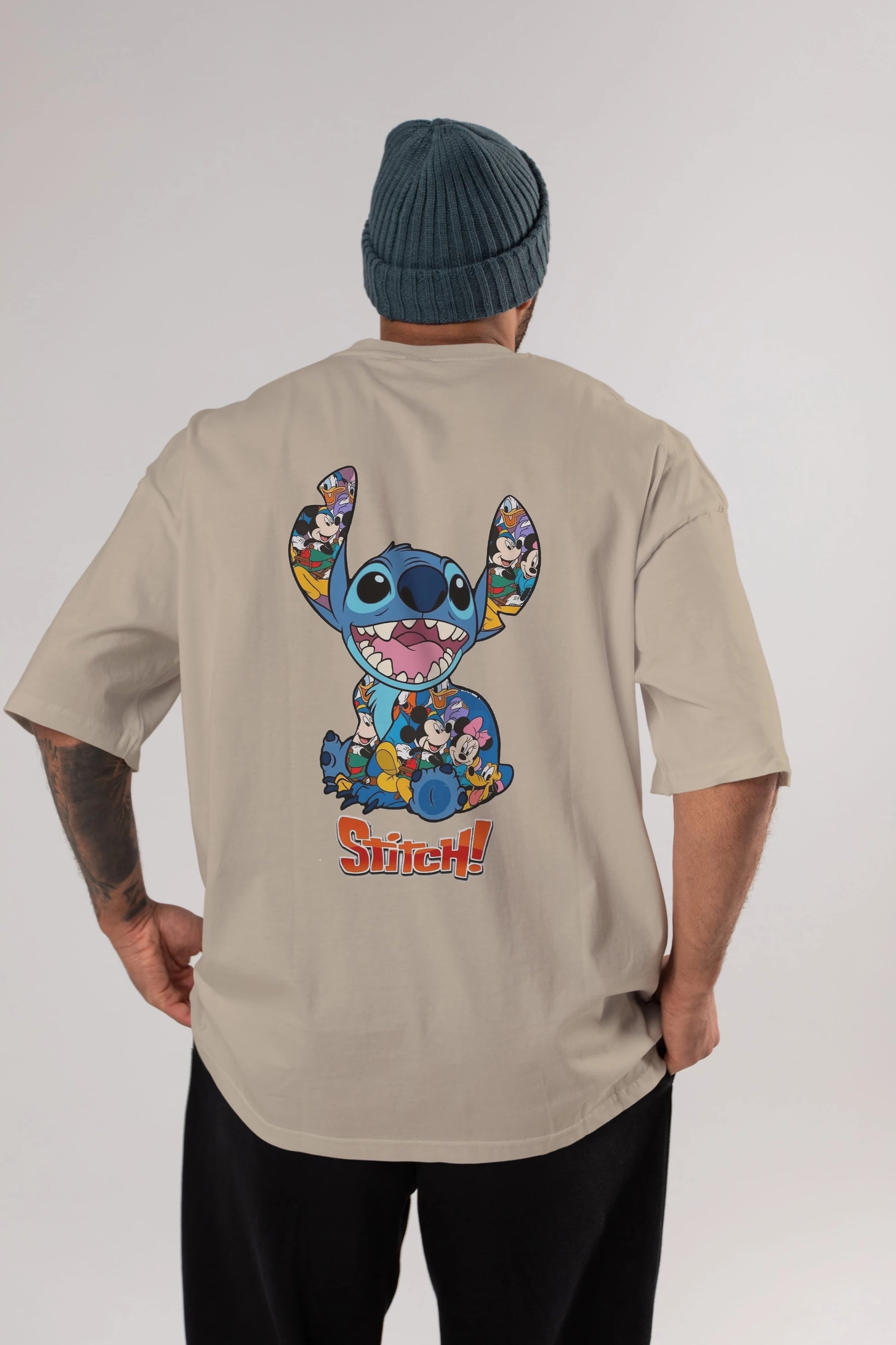 Stitch Arka Baskılı Oversize t-shirt Erkek Kadın Unisex %100 Pamuk Bisiklet Yaka tişort
