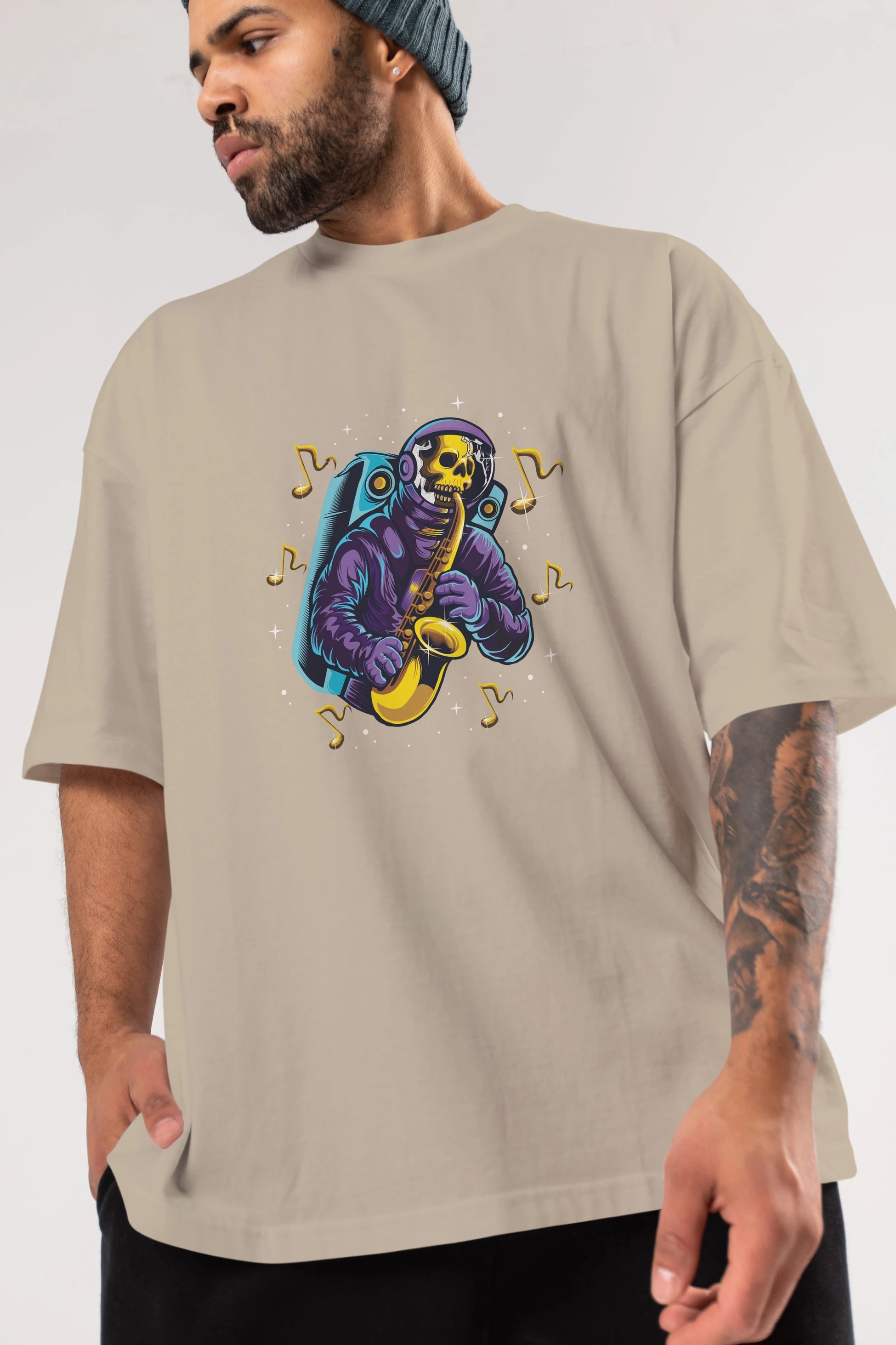 Astroskull Saxophonist Ön Baskılı Oversize t-shirt Erkek Kadın Unisex
