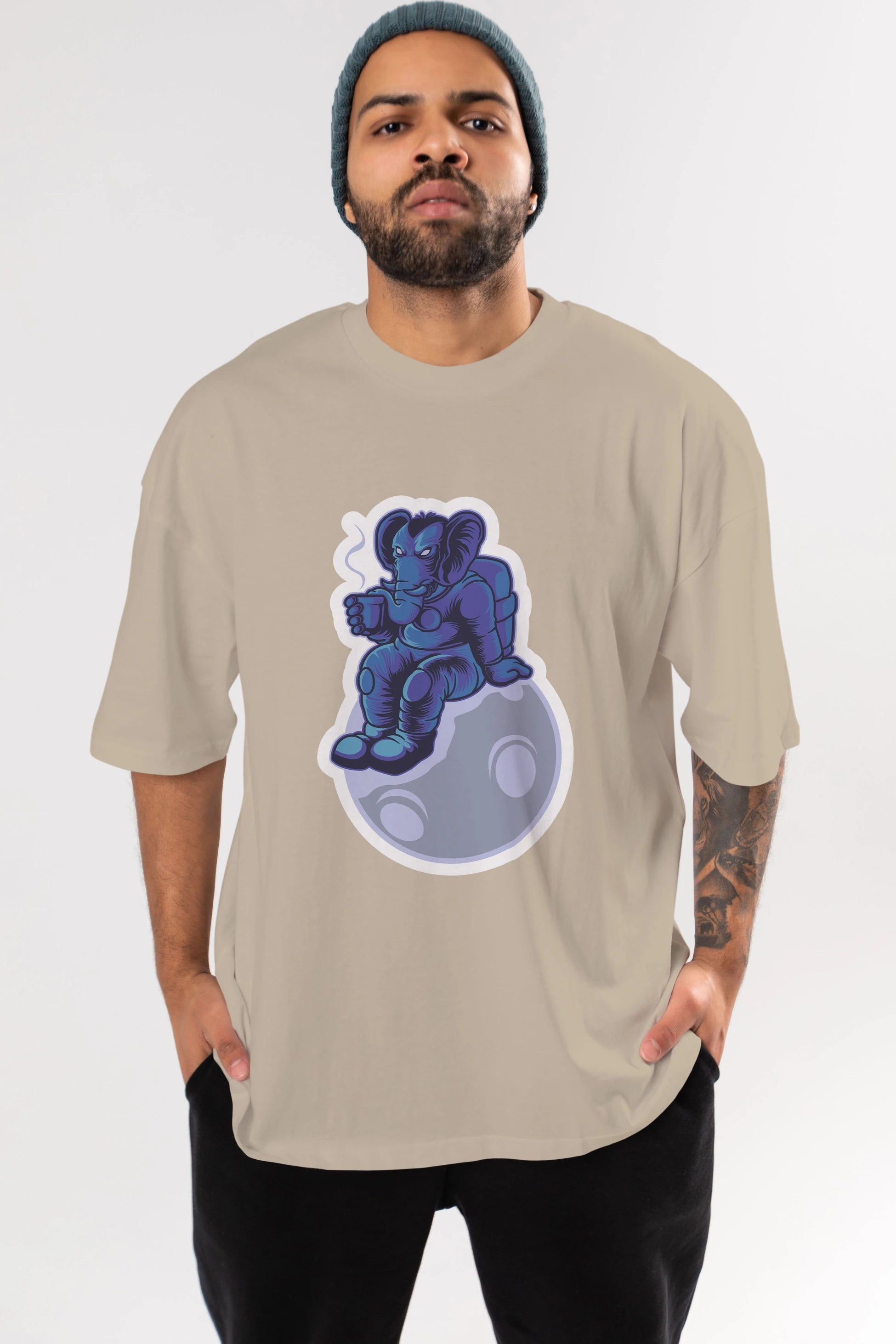 Space Elephant Drink Coffee Sticker Ön Baskılı Oversize t-shirt Erkek Kadın Unisex