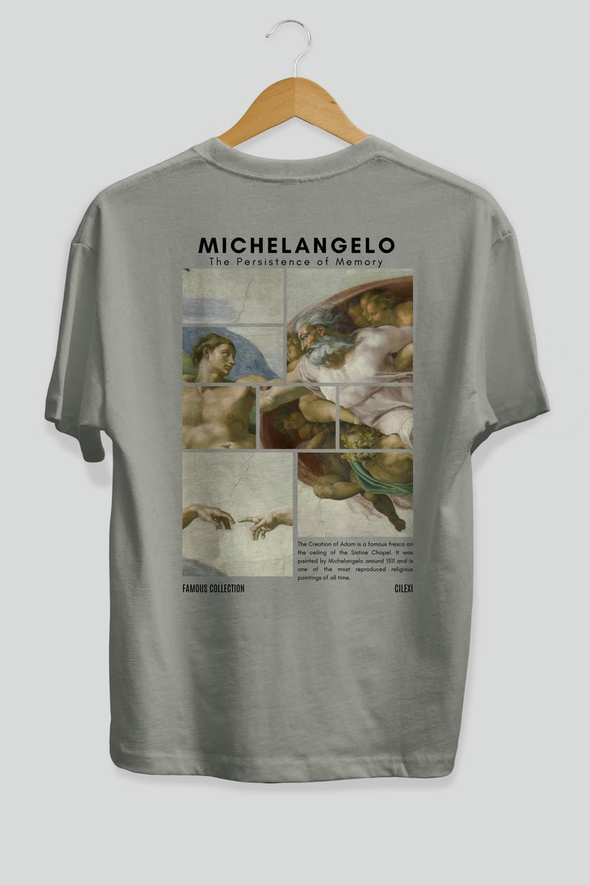 Michelangelo Arka Baskılı Oversize t-shirt Erkek Kadın Bisiklet Yaka Pamuk tişort