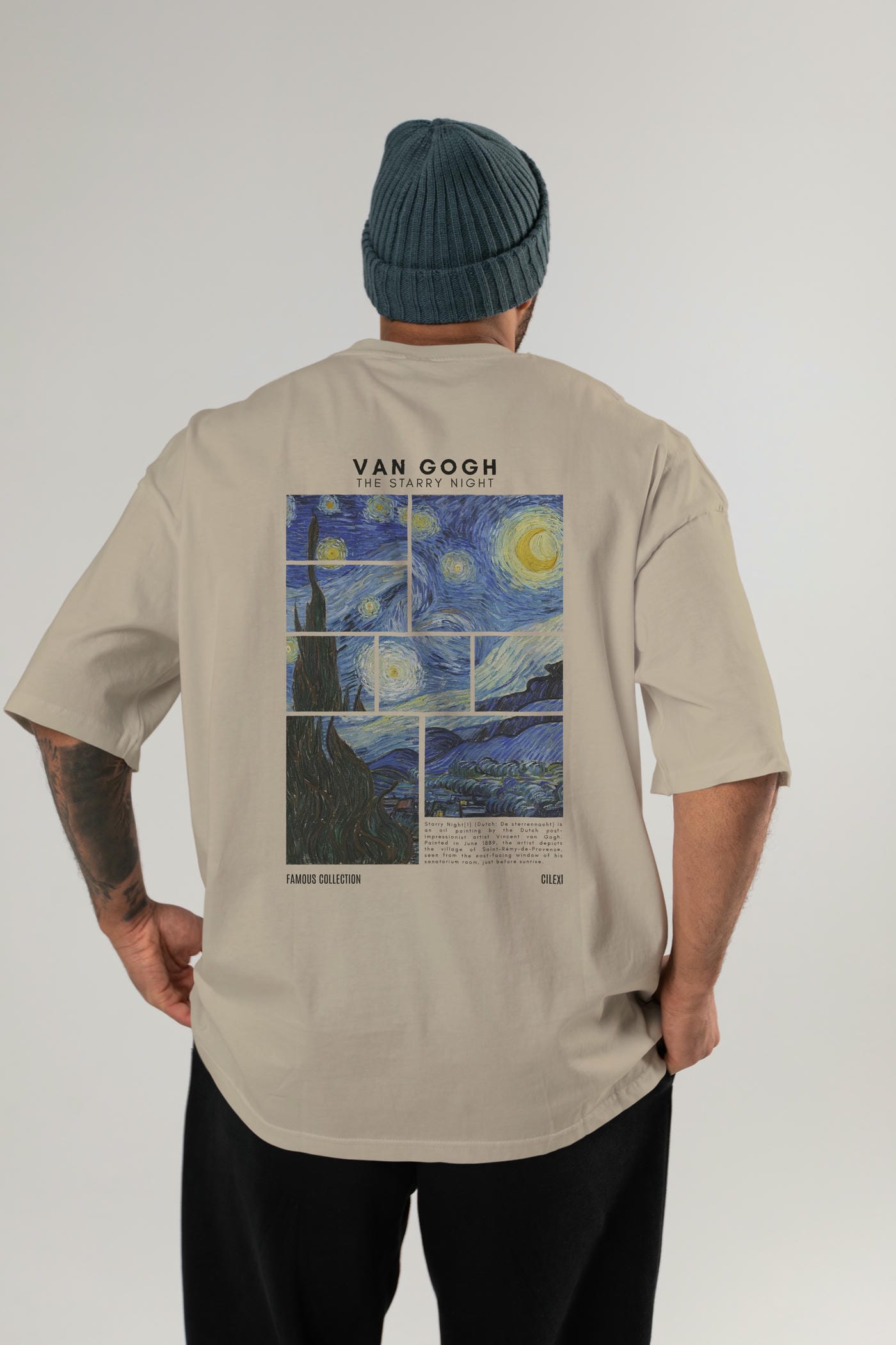 Van Gogh The Starry Night Arka Baskılı Oversize t-shirt Erkek Kadın Bisiklet Yaka Pamuk tişort