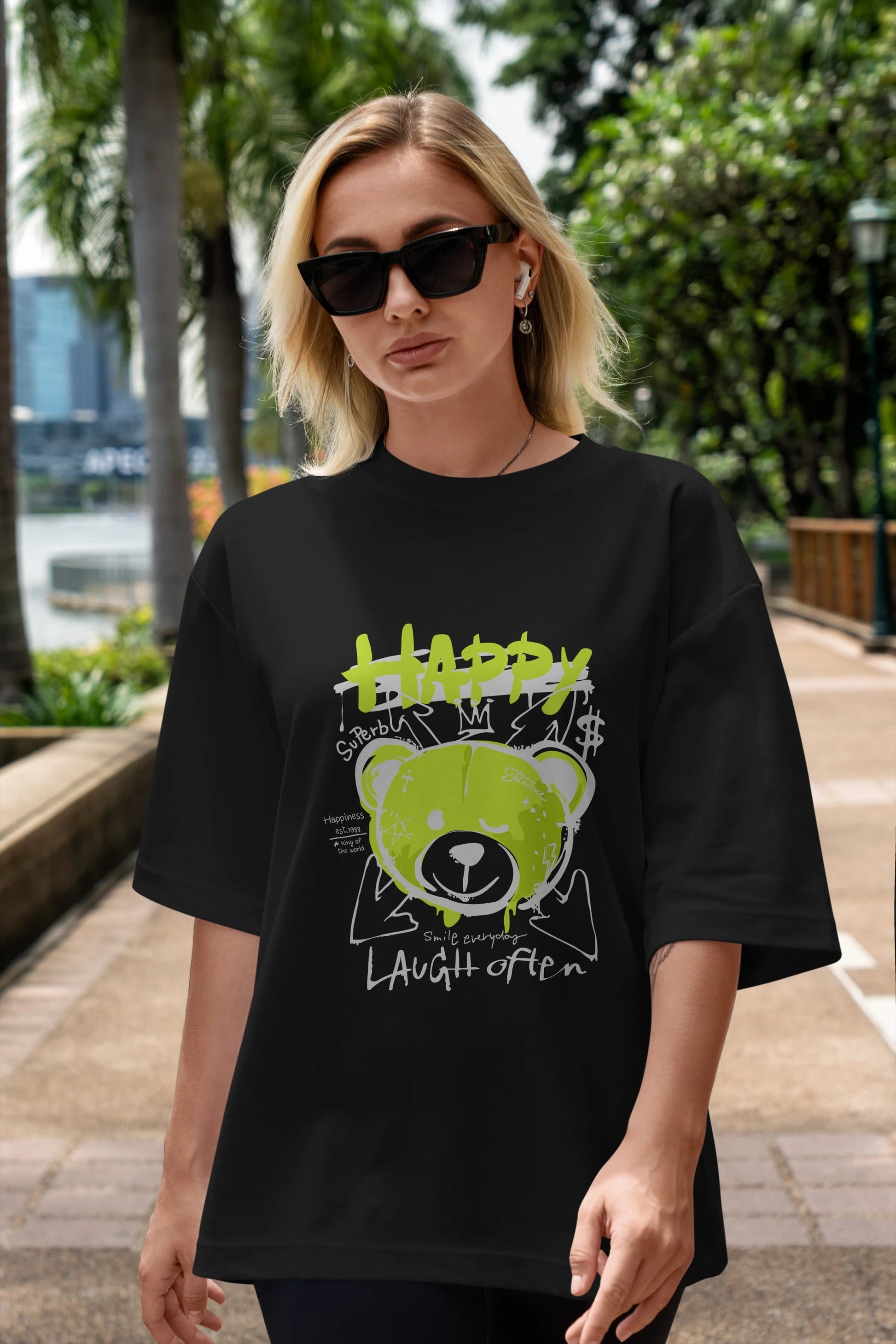 Happy Bear Ön Baskılı Oversize t-shirt Erkek Kadın Unisex