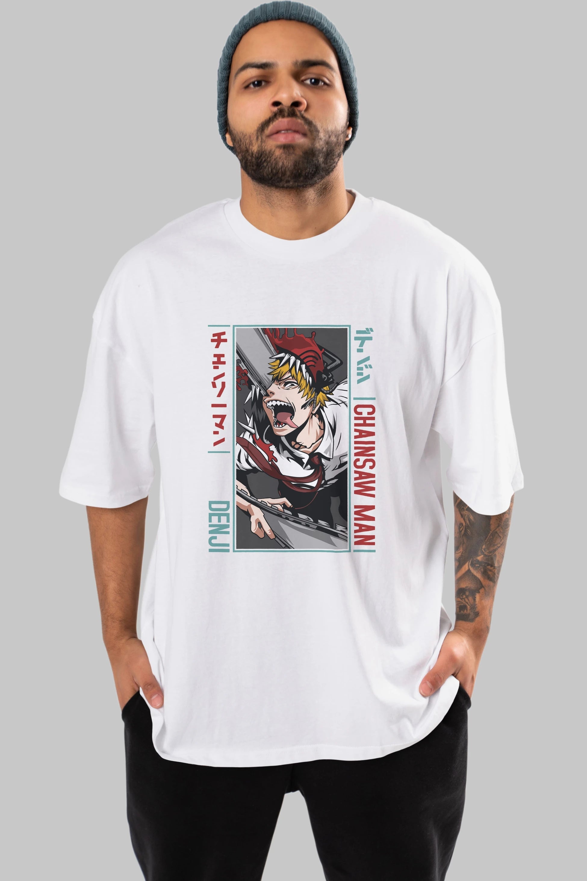 Denji Chainsaw Man Anime Ön Baskılı Oversize t-shirt %100 pamuk Erkek Kadın Unisex