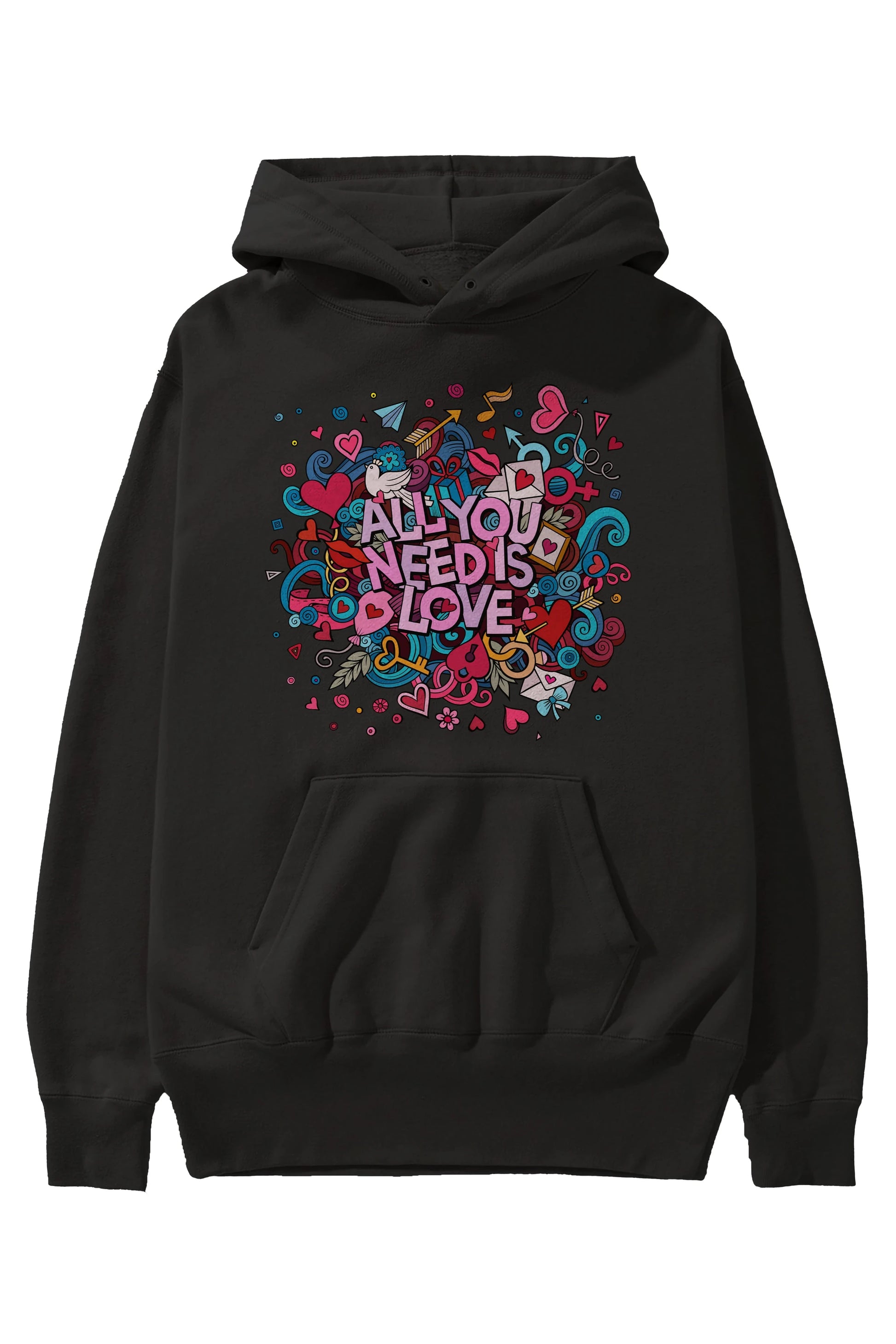 Cute Fun Colorful Heart Art Love Ön Baskılı Oversize Hoodie Kapüşonlu Sweatshirt Erkek Kadın Unisex