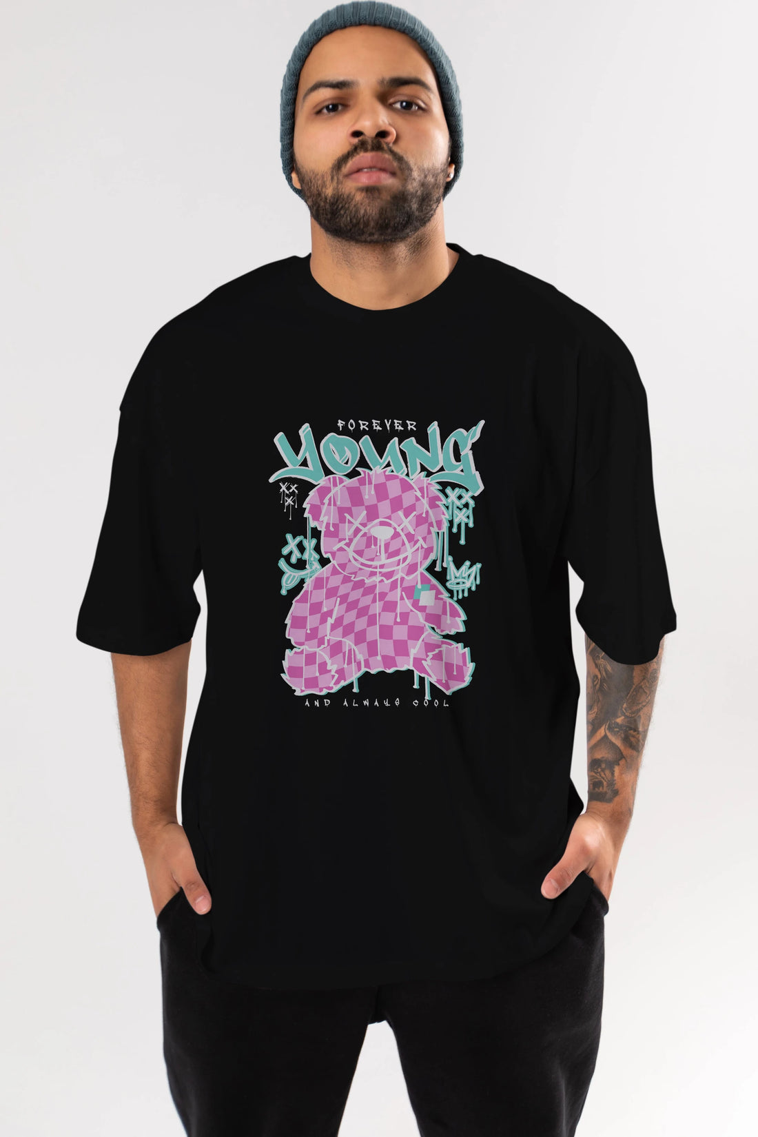 Young and Always Cool Bear Ön Baskılı Oversize t-shirt Erkek Kadın Unisex