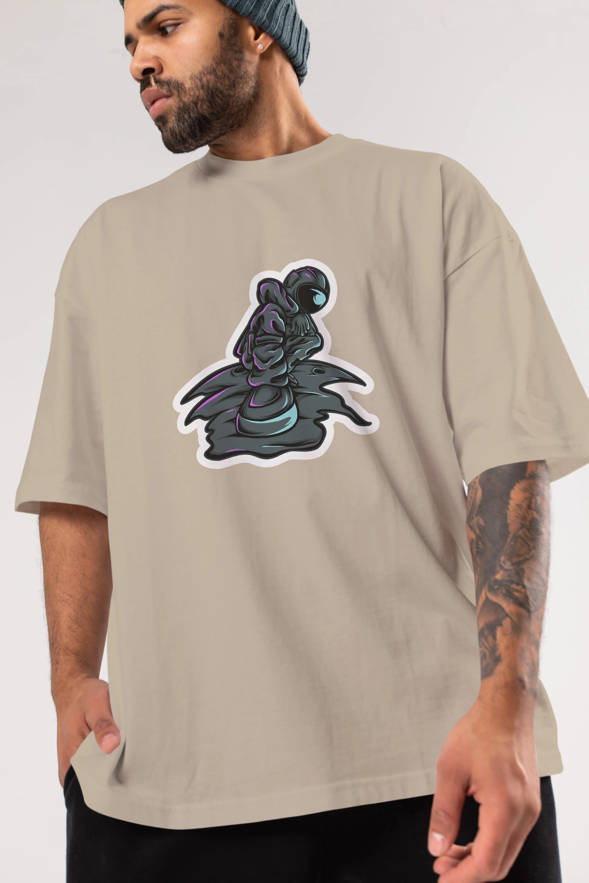Stylish Astronaut Sticker Ön Baskılı Oversize t-shirt Erkek Kadın Unisex