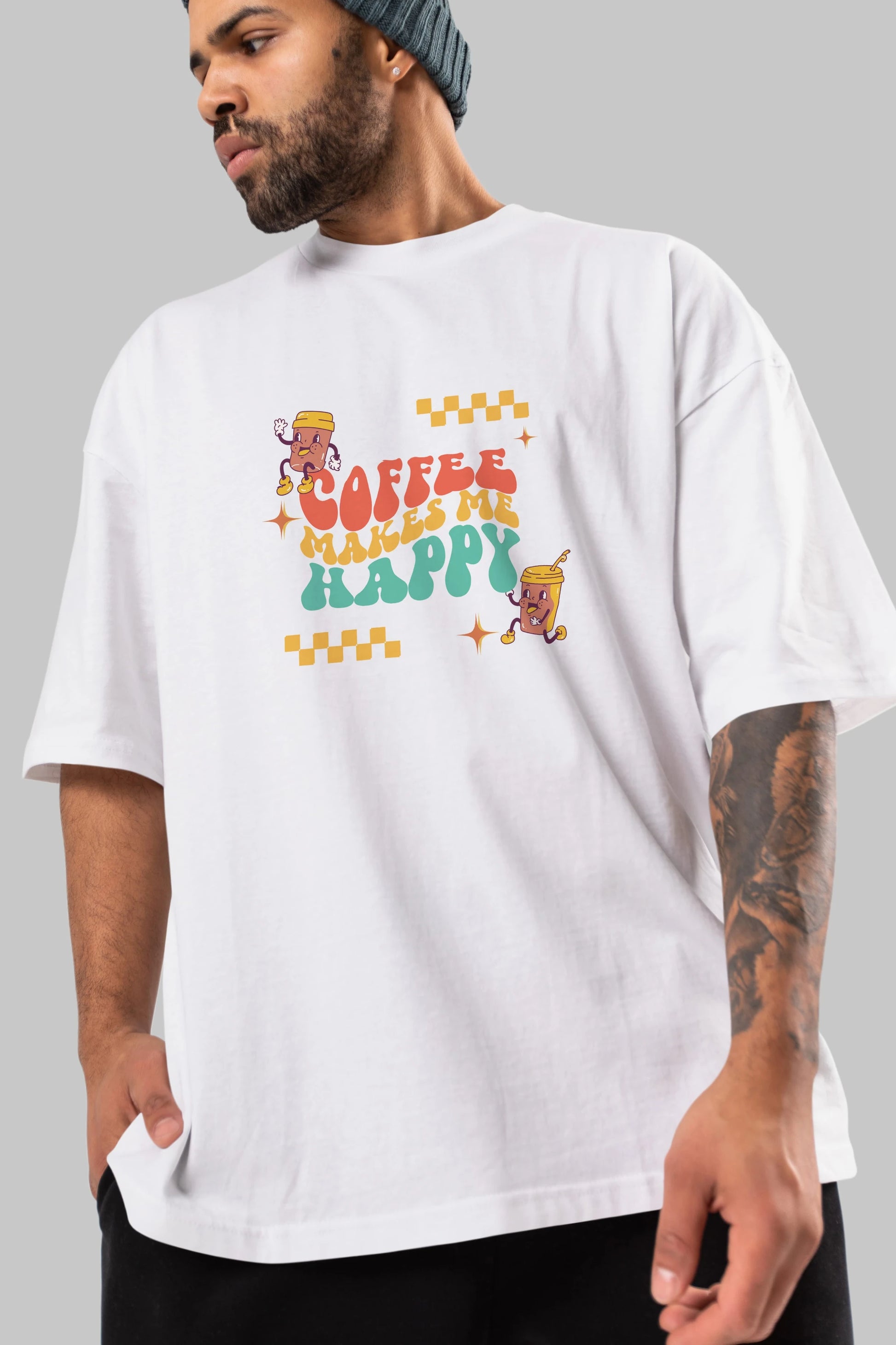 Coffee Makes Me Happy Yazılı Ön Baskılı Oversize t-shirt Erkek Kadın Unisex