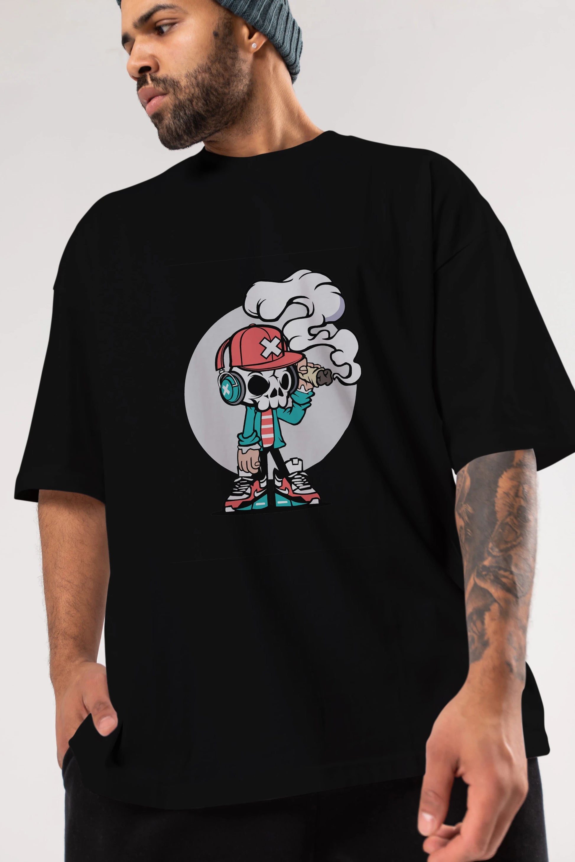 Skull Headphone Ön Baskılı Oversize t-shirt Erkek Kadın Unisex %100 Pamuk tişort