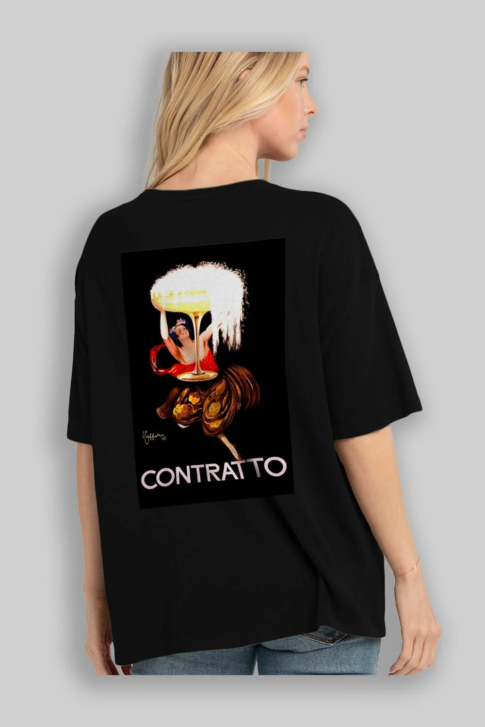 Contratto Arka Baskılı Oversize t-shirt Erkek Kadın Unisex %100 Pamuk Bisiklet Yaka tişort