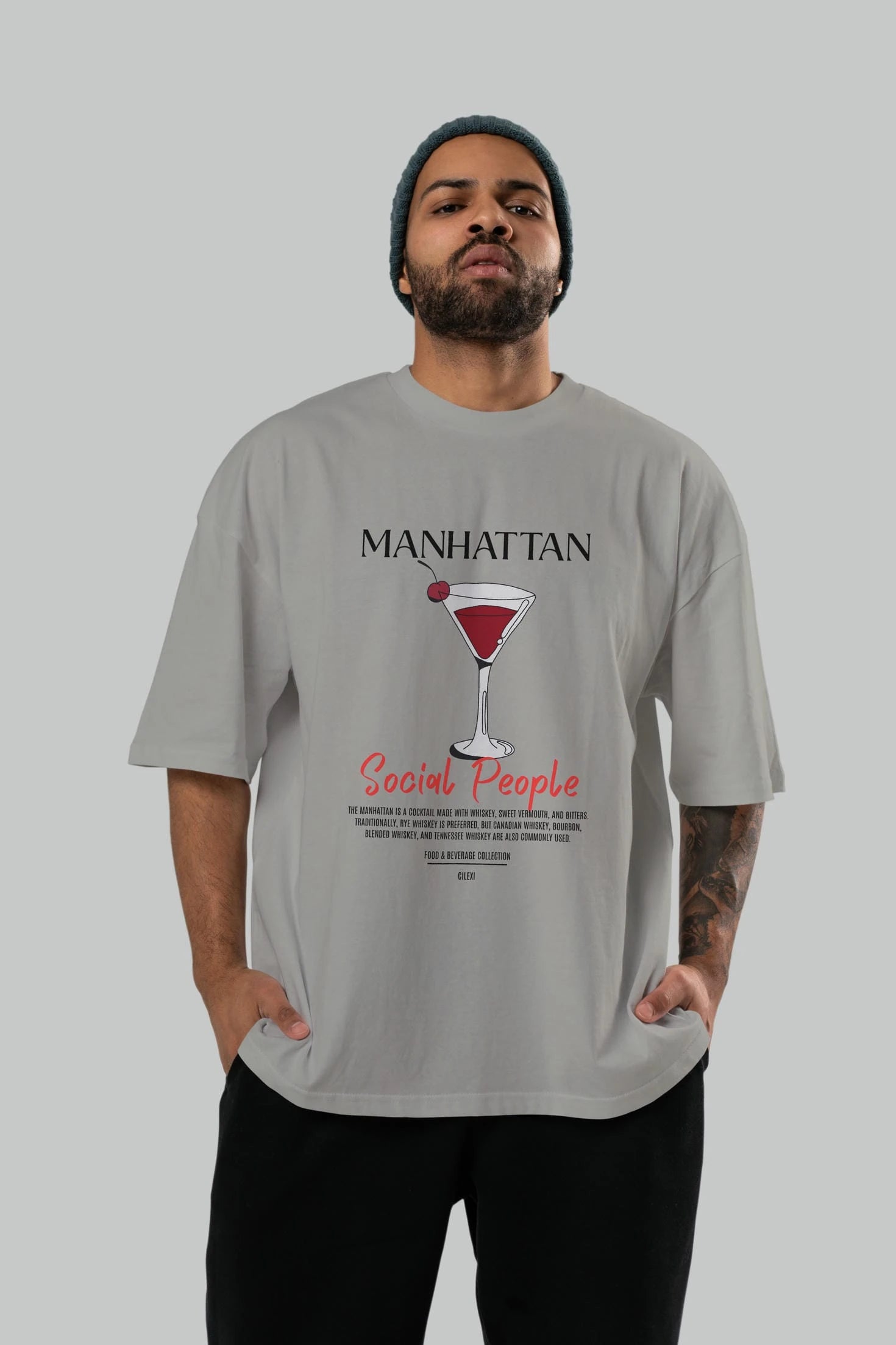 Manhattan Kokteyl Serisi ön Baskılı Oversize t-shirt Erkek Kadın %100 Pamuk Bisiklet Yaka tişort