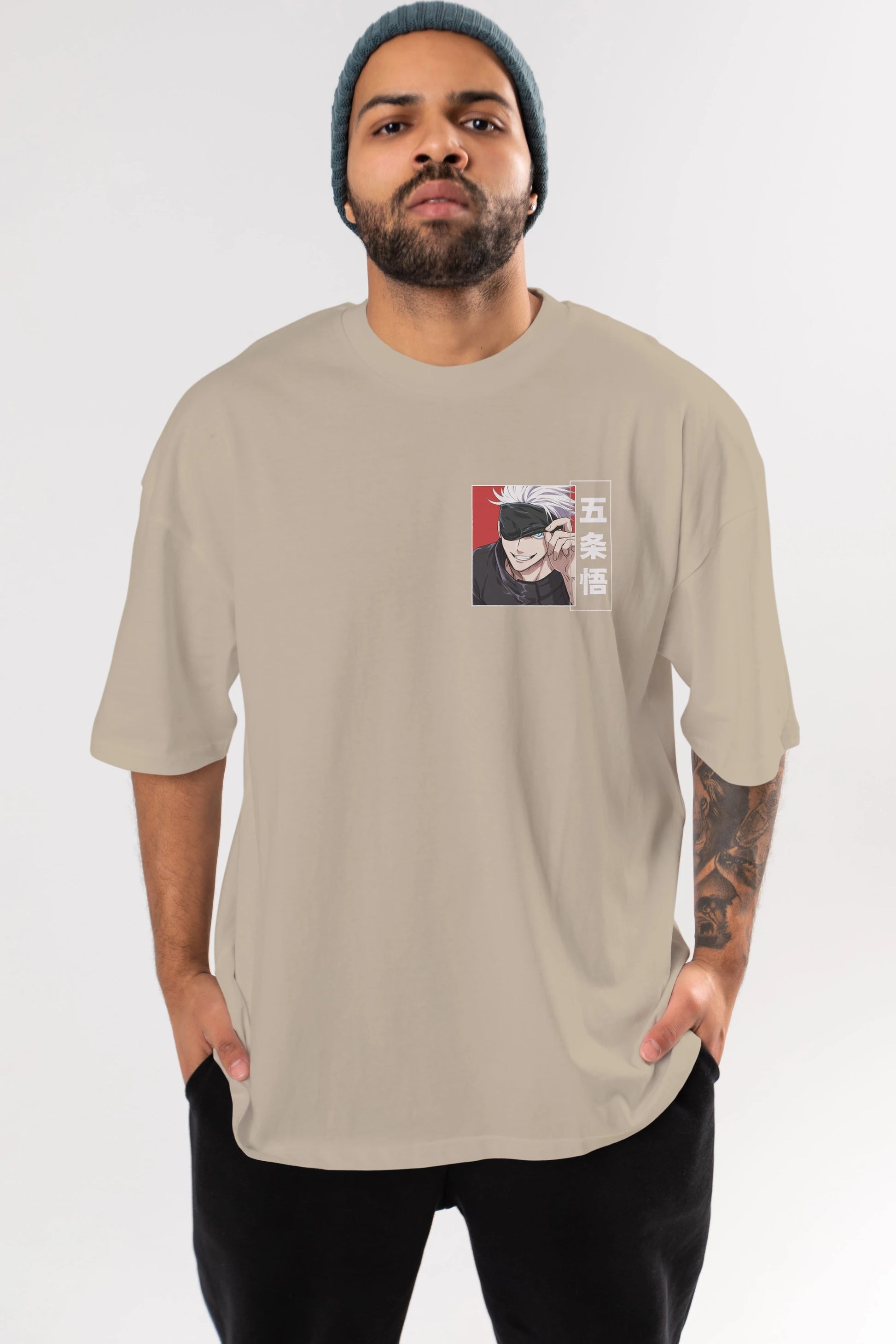 JUJUTSU KAISEN Ön Sol Baskılı Oversize t-shirt Erkek Kadın Unisex %100 Pamuk Bisiklet Yaka tişort