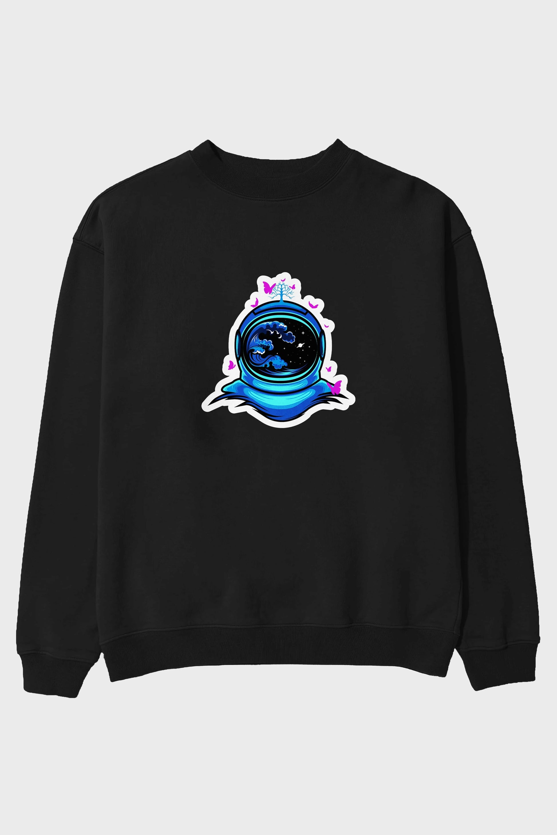 Astronaut and Butterfly Sticker Ön Baskılı Oversize Sweatshirt Erkek Kadın Unisex
