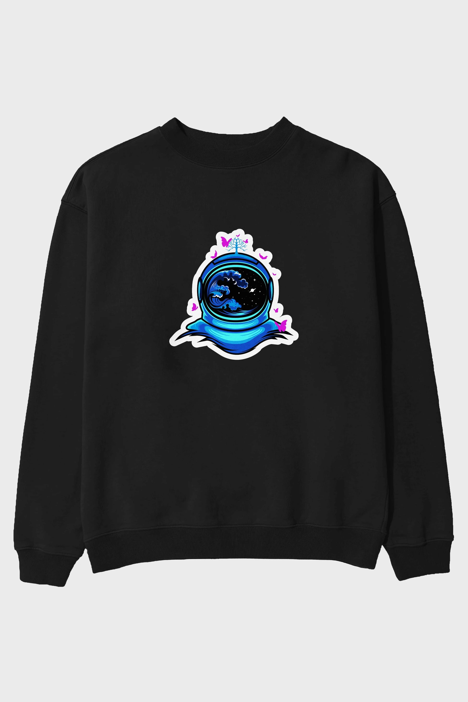Astronaut and Butterfly Sticker Ön Baskılı Oversize Sweatshirt Erkek Kadın Unisex
