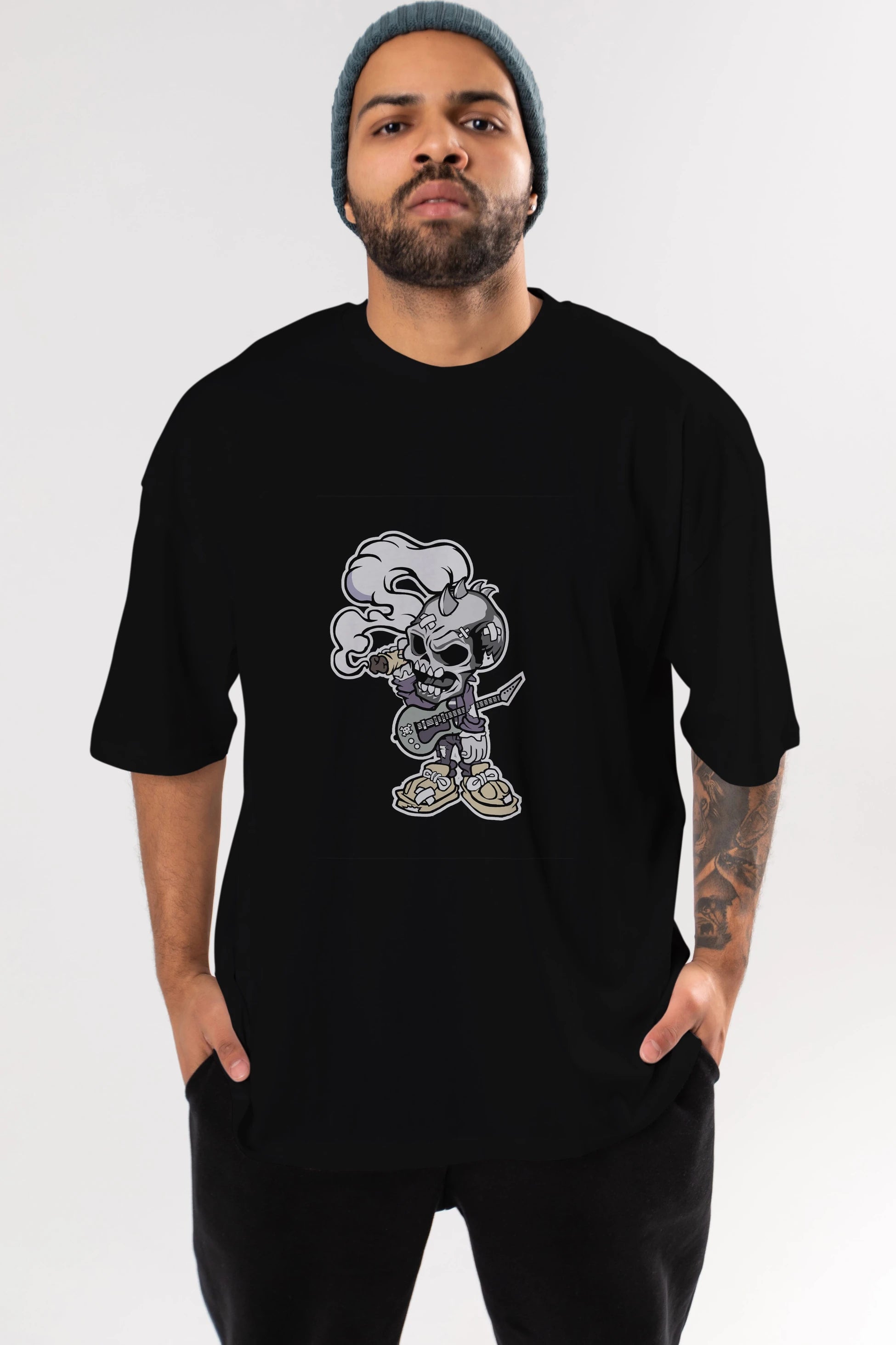 Skull Smoker Punk Rocker Ön Baskılı Oversize t-shirt Erkek Kadın Unisex %100 Pamuk tişort