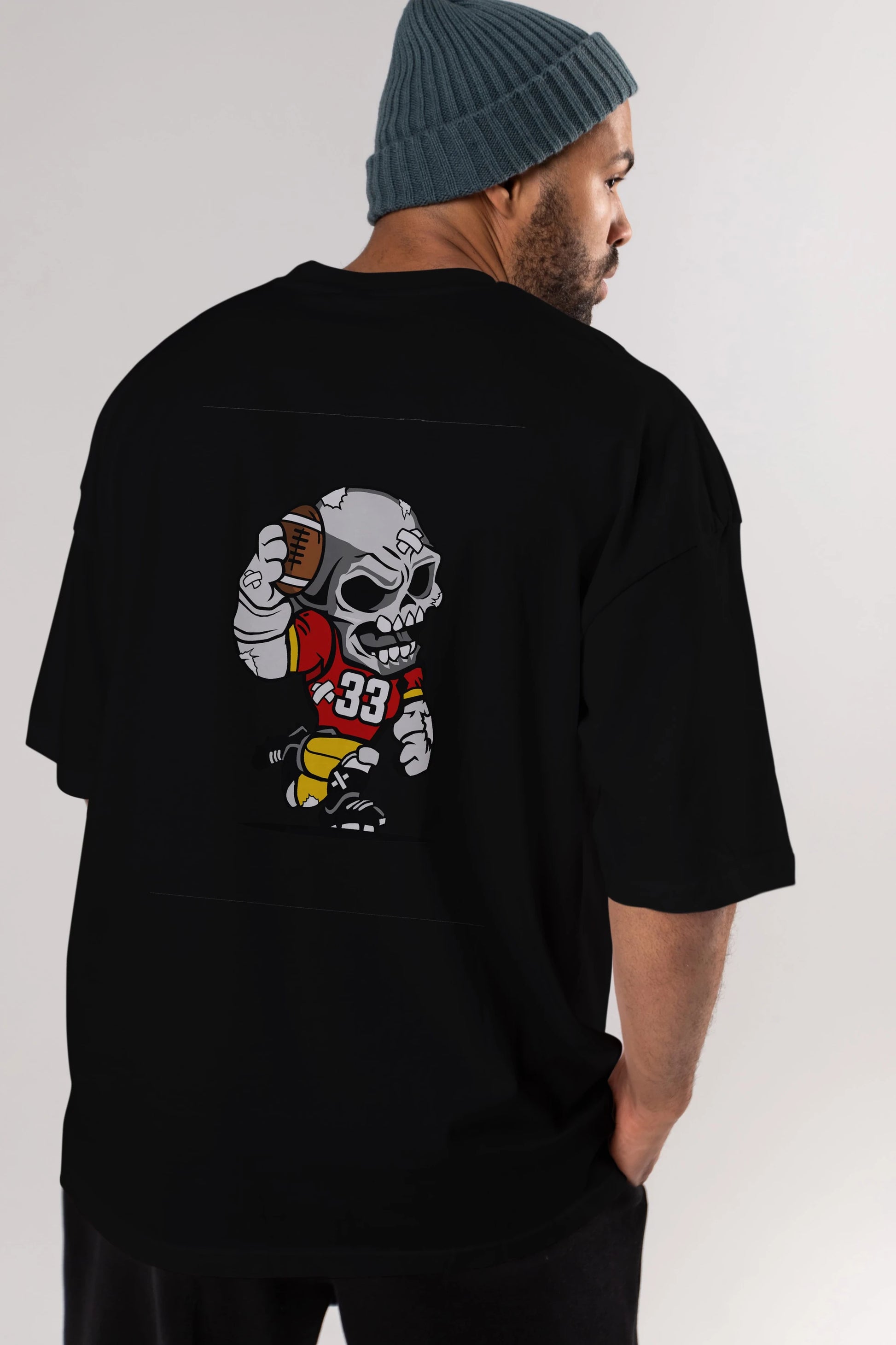 Skull Football Player Arka Baskılı Oversize t-shirt Erkek Kadın Unisex %100 Pamuk tişort