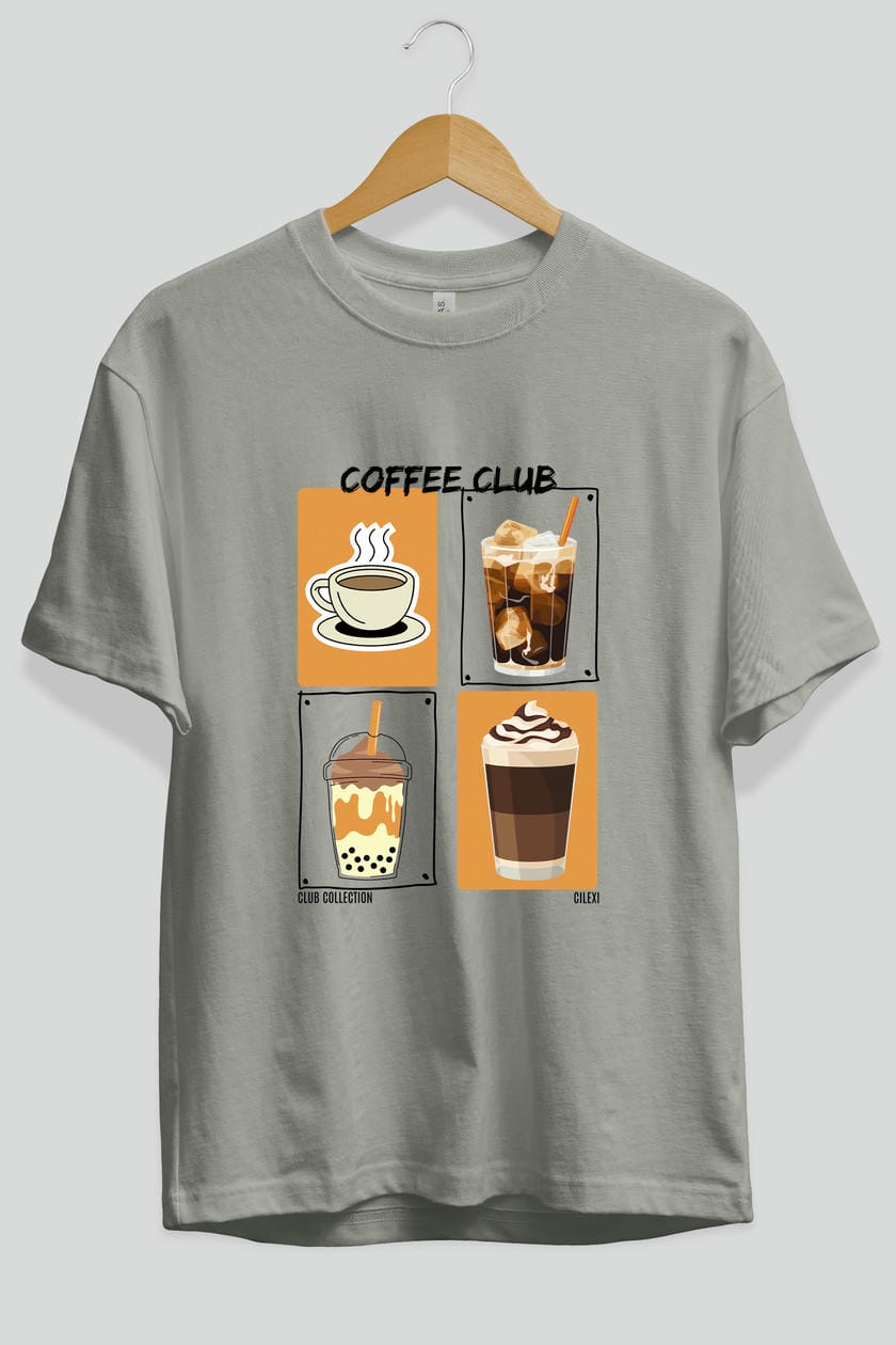 Coffee Club ön Baskılı Oversize t-shirt Erkek Kadın %100 Pamuk Bisiklet Yaka tişort