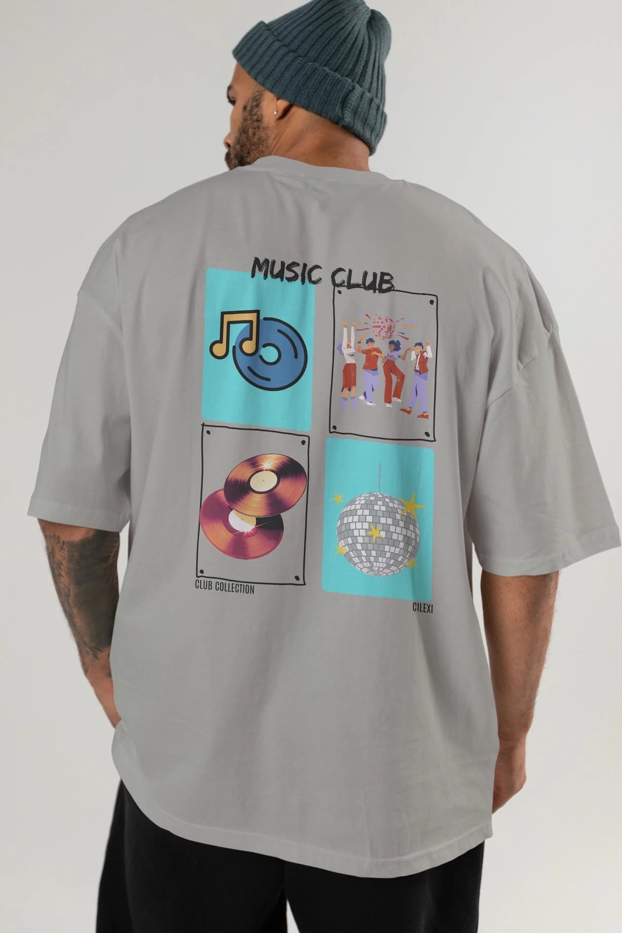 Music Club Arka Baskılı Oversize t-shirt Erkek Kadın %100 Pamuk Bisiklet Yaka tişort