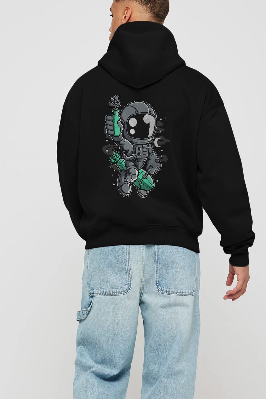 Astronaut Rocket Arka Baskılı Hoodie Oversize Kapüşonlu Sweatshirt Erkek Kadın Unisex