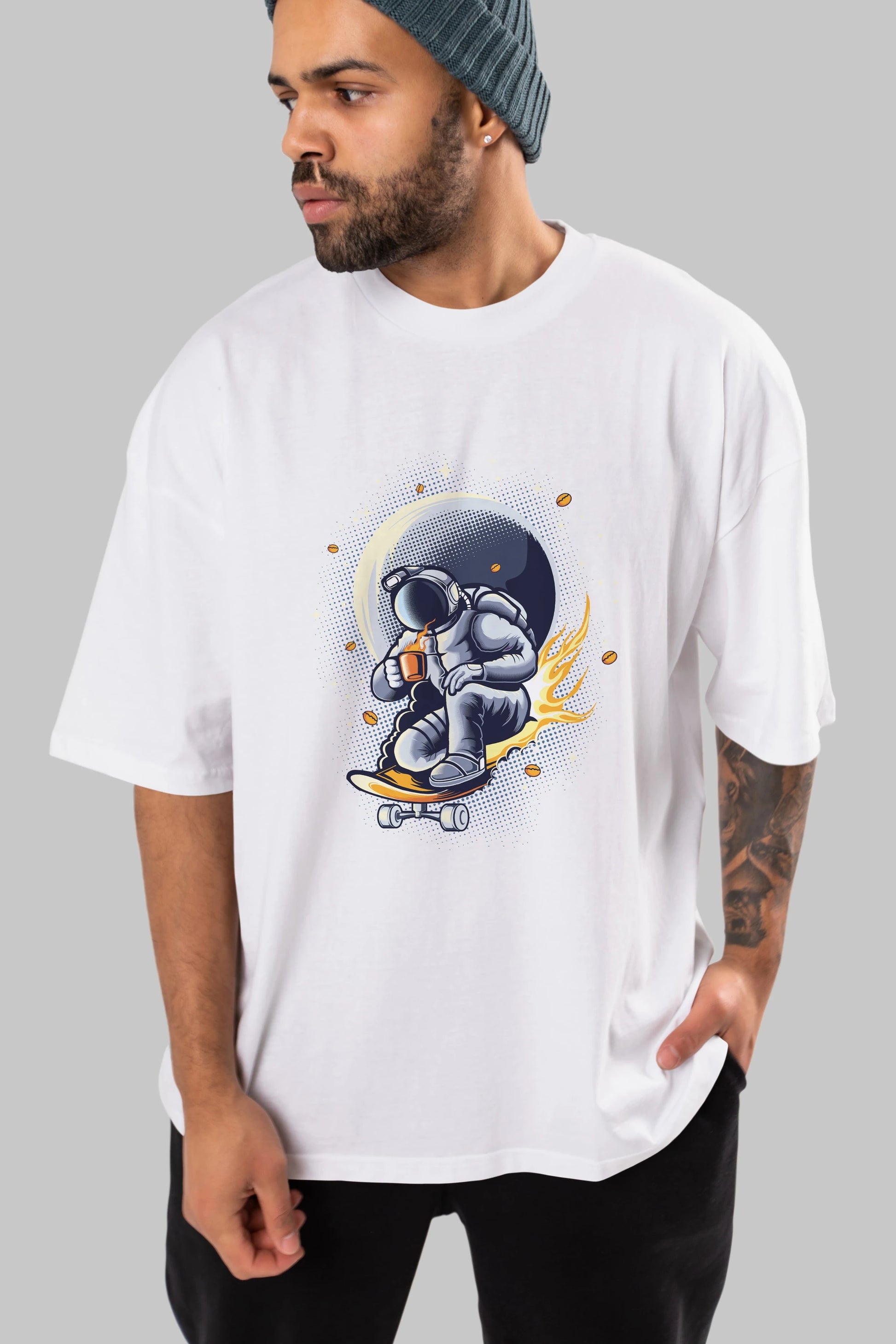Astro Coffee Addict Ön Baskılı Oversize t-shirt Erkek Kadın Unisex