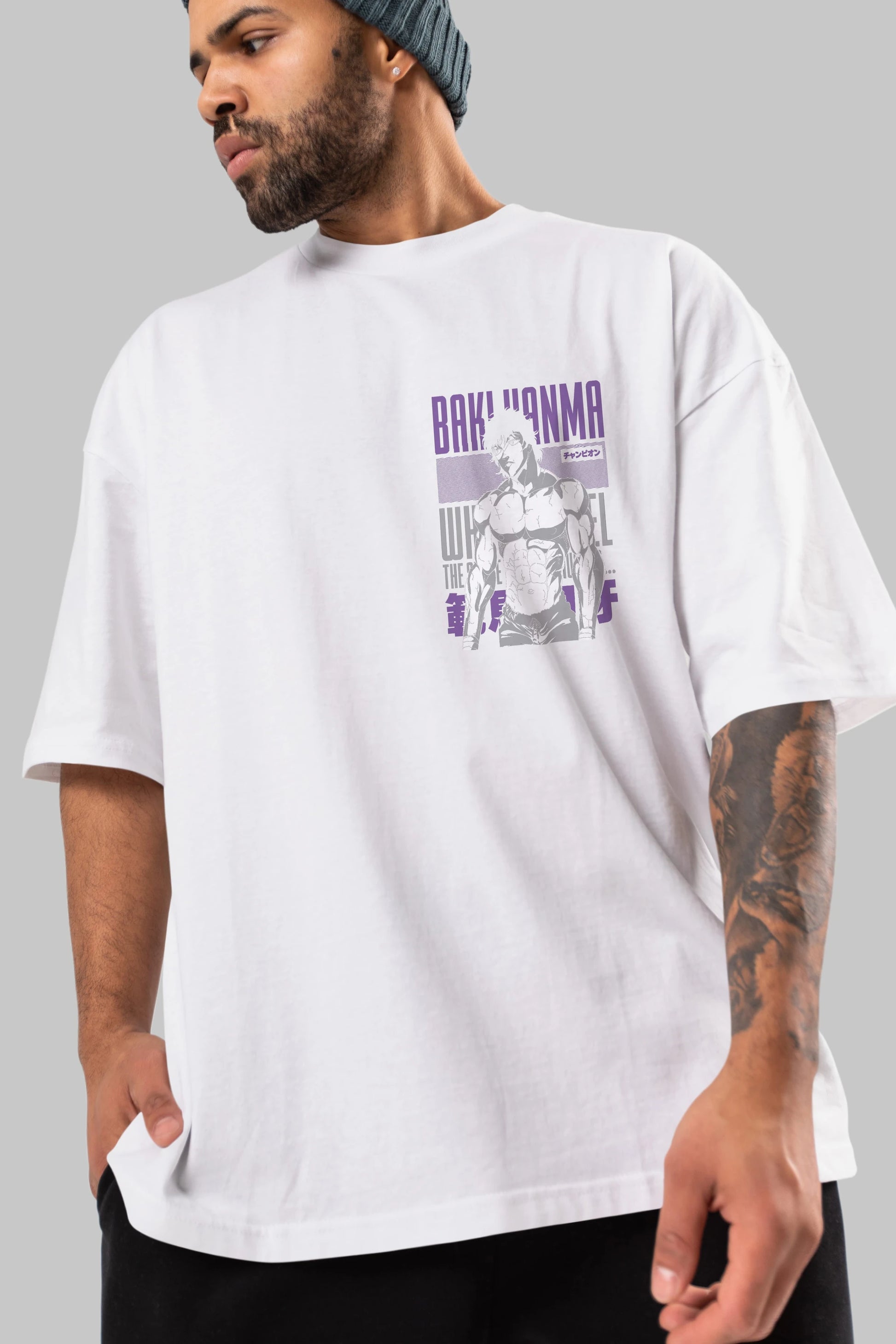 BAKI HANMA (2) Ön Sol Baskılı Oversize t-shirt Erkek Kadın Unisex %100 Pamuk Bisiklet Yaka tişort