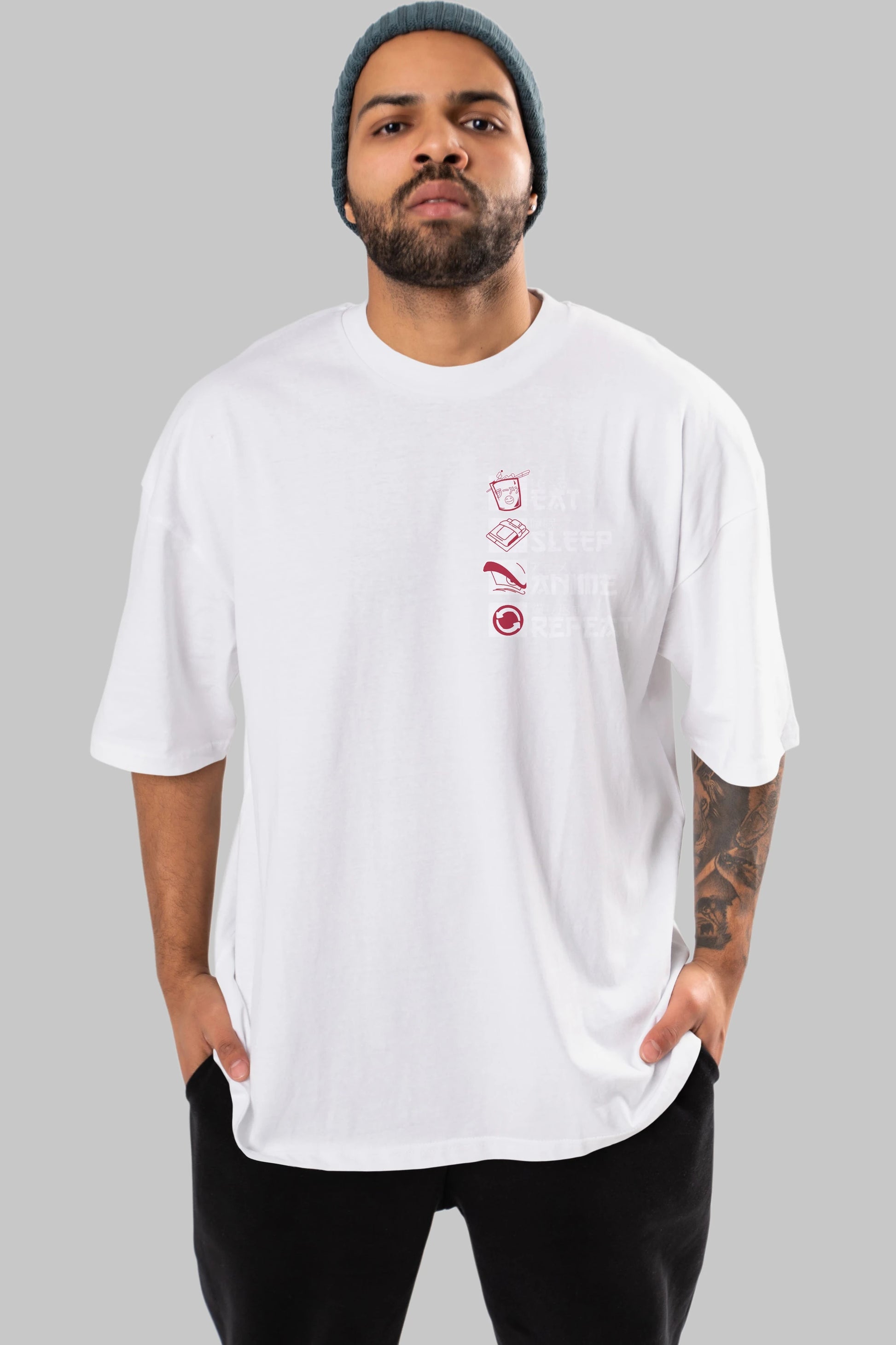 Eat, Sleep, Anime, Repeat Ön Sol Baskılı Oversize t-shirt Erkek Kadın Unisex %100 Pamuk Bisiklet Yaka tişort