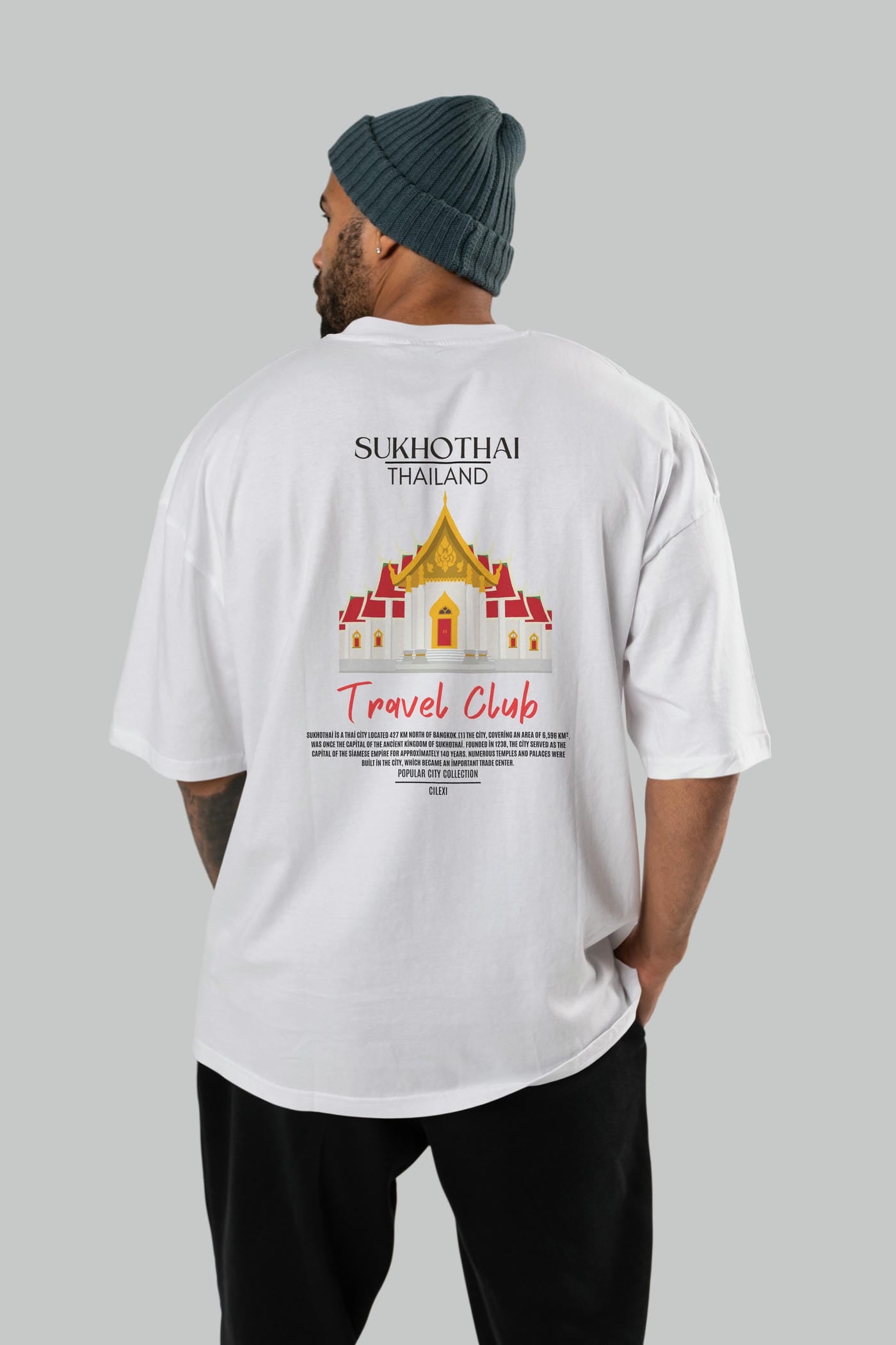 Sukhothai Thailand Arka Baskılı Oversize t-shirt Erkek Kadın Pamuk Bisiklet Yaka tişort