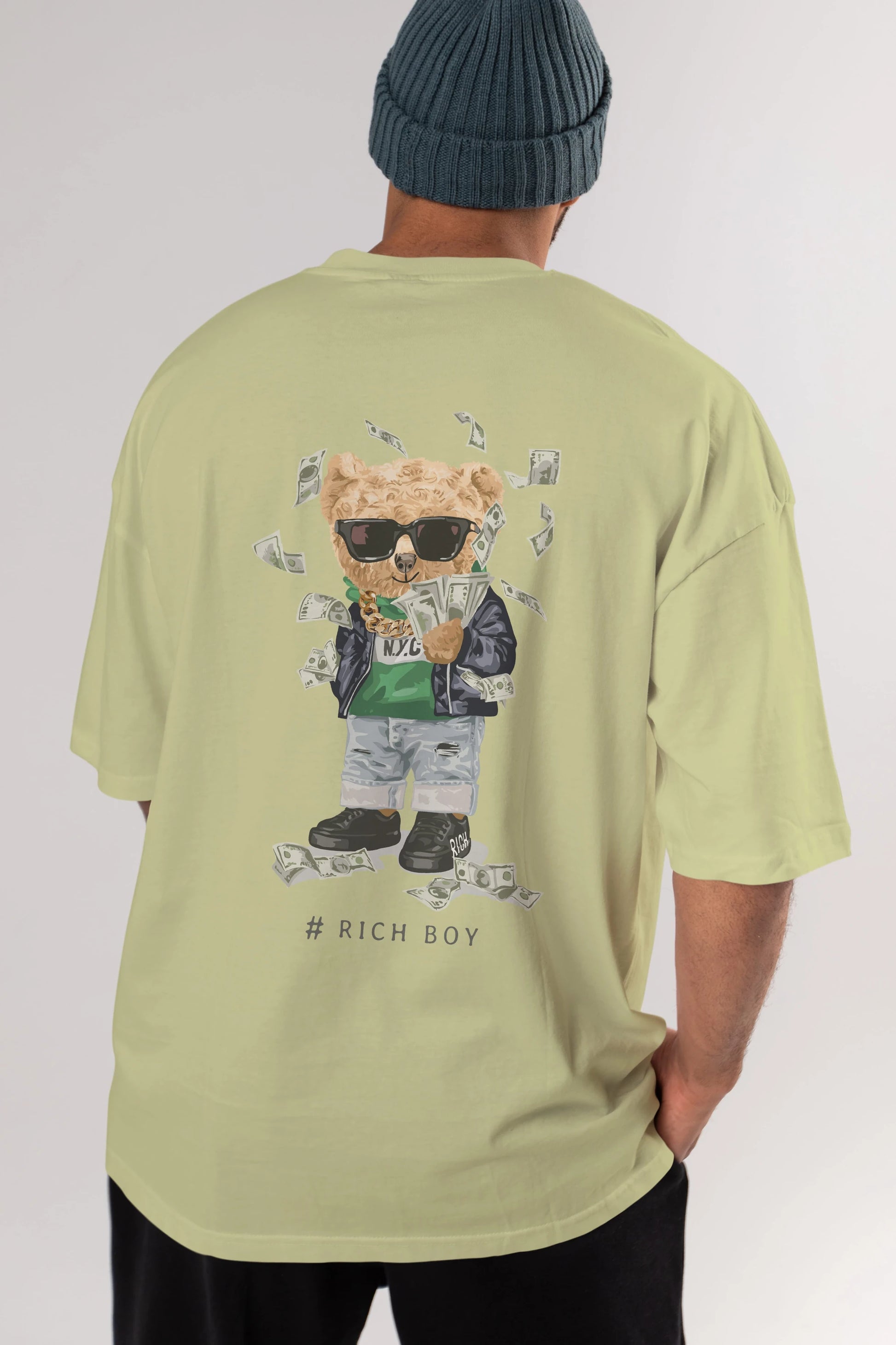 Teddy Bear Rich Boy Arka Baskılı Oversize t-shirt Erkek Kadın Unisex %100 Pamuk