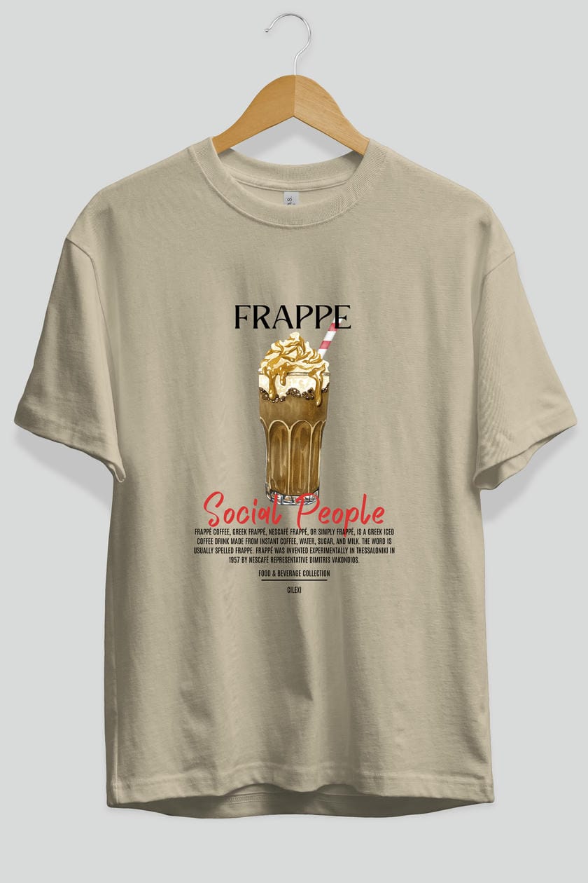 Frappe Kokteyl Serisi ön Baskılı Oversize t-shirt Erkek Kadın %100 Pamuk Bisiklet Yaka tişort