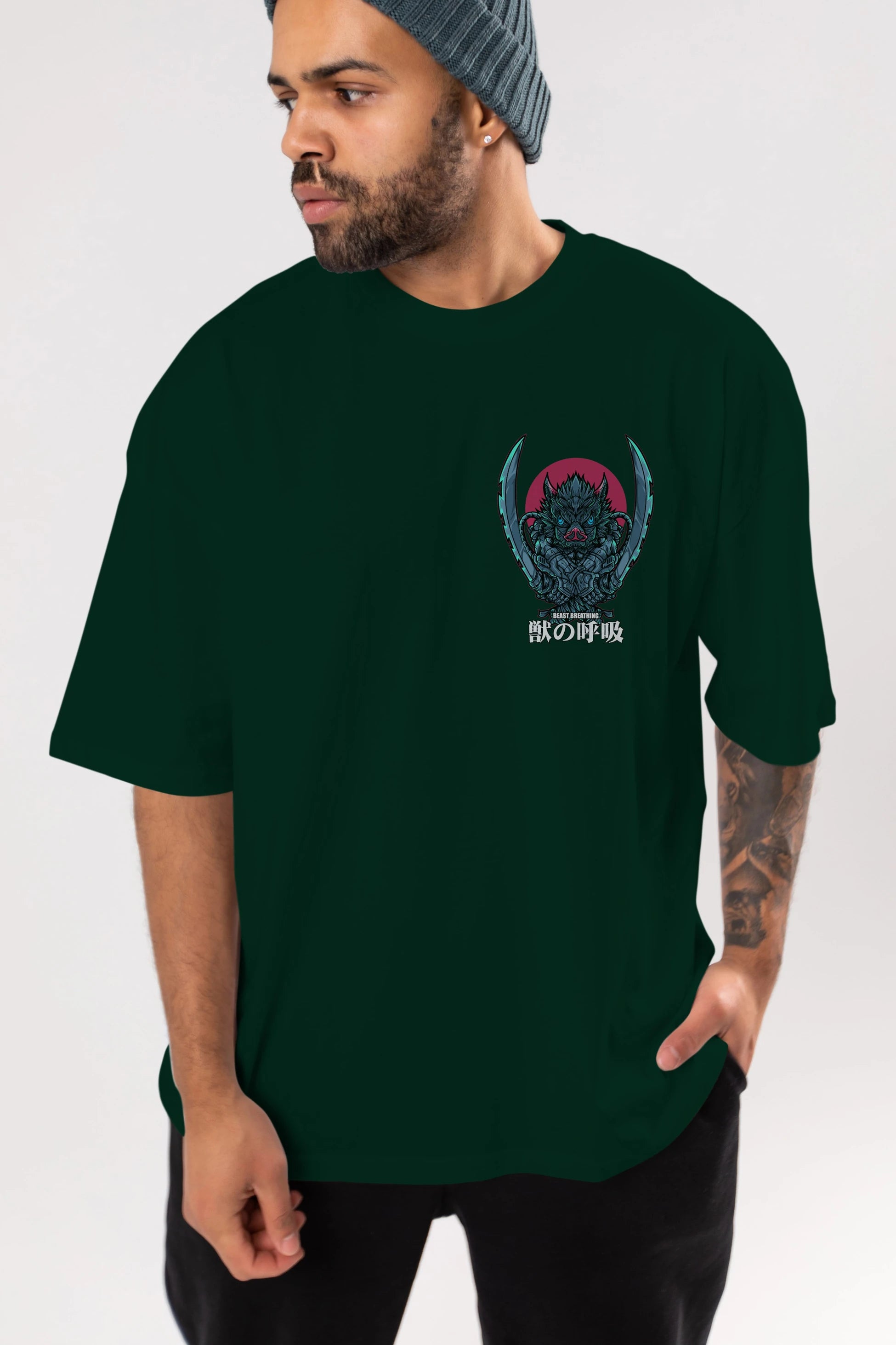 Inosuke DEMON SLAYER Ön Sol Baskılı Oversize t-shirt Erkek Kadın Unisex %100 Pamuk Bisiklet Yaka tişort